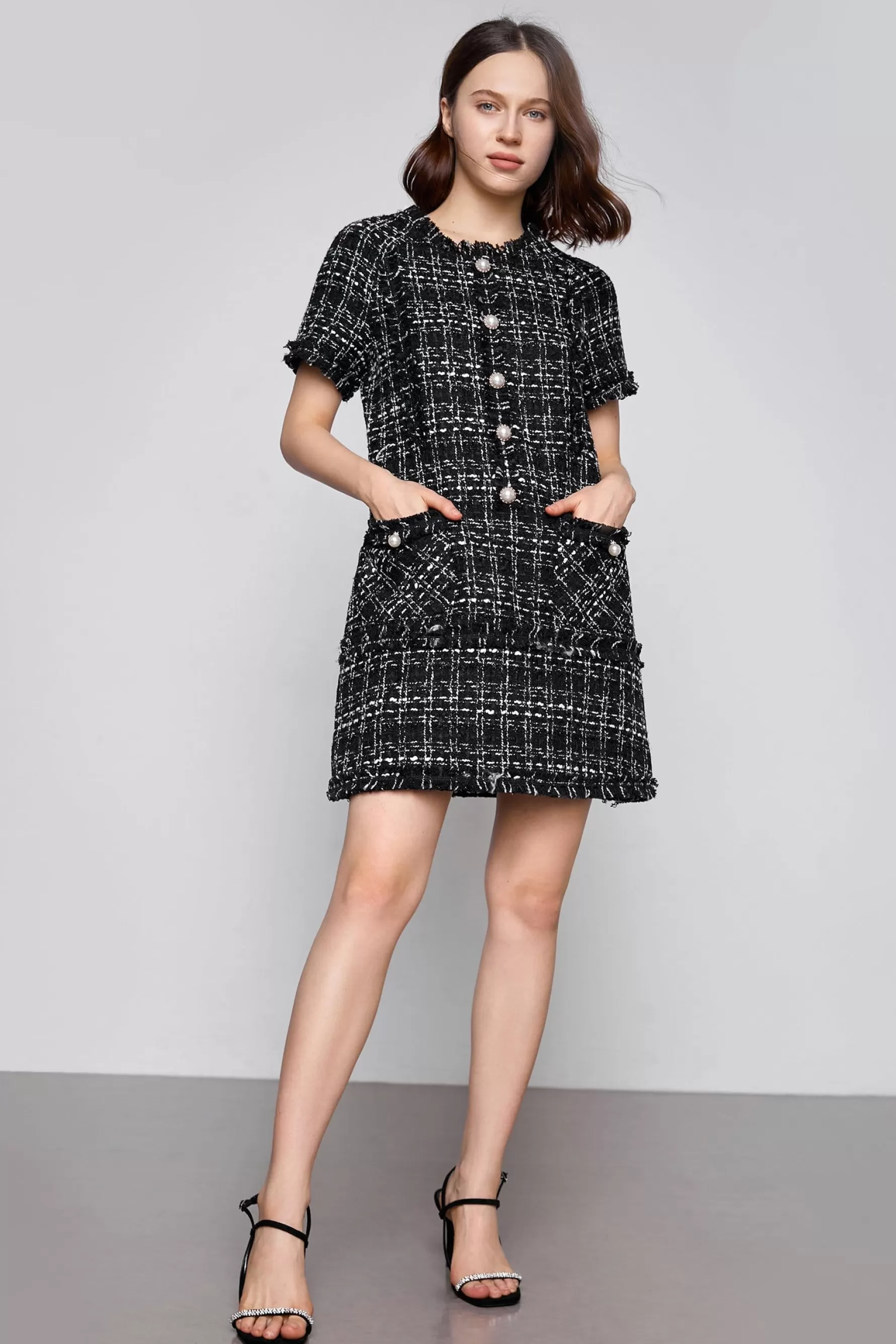 Jingus Emry Tweed Short-Sleeve Mini Dress-J.ING