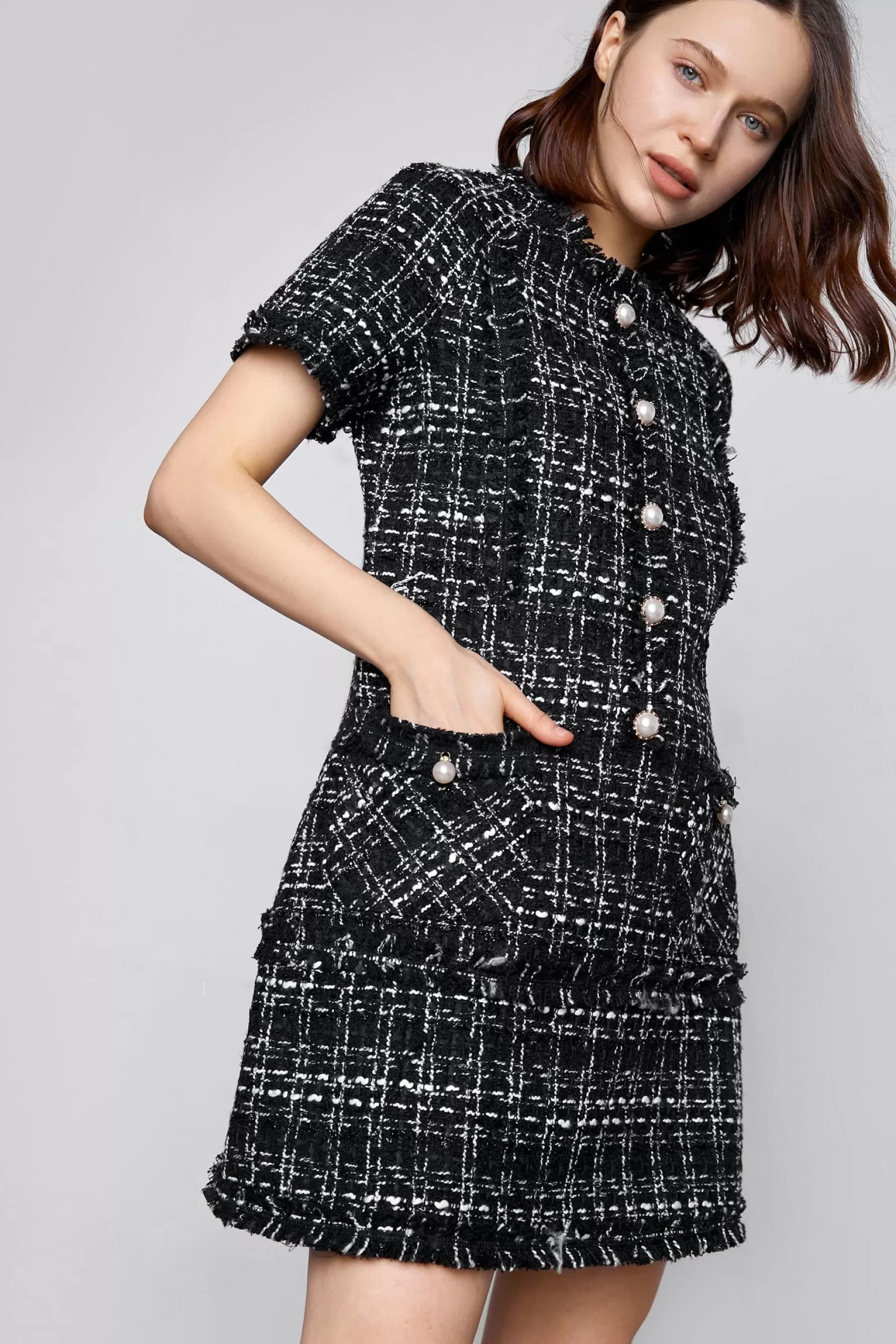 Jingus Emry Tweed Short-Sleeve Mini Dress-J.ING