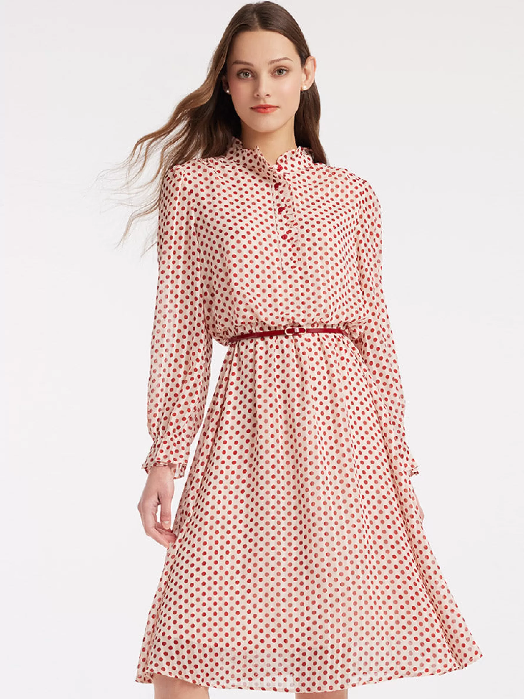 Jingus Gathered Waist Chiffon Polka Dot idi Dress-J.ING