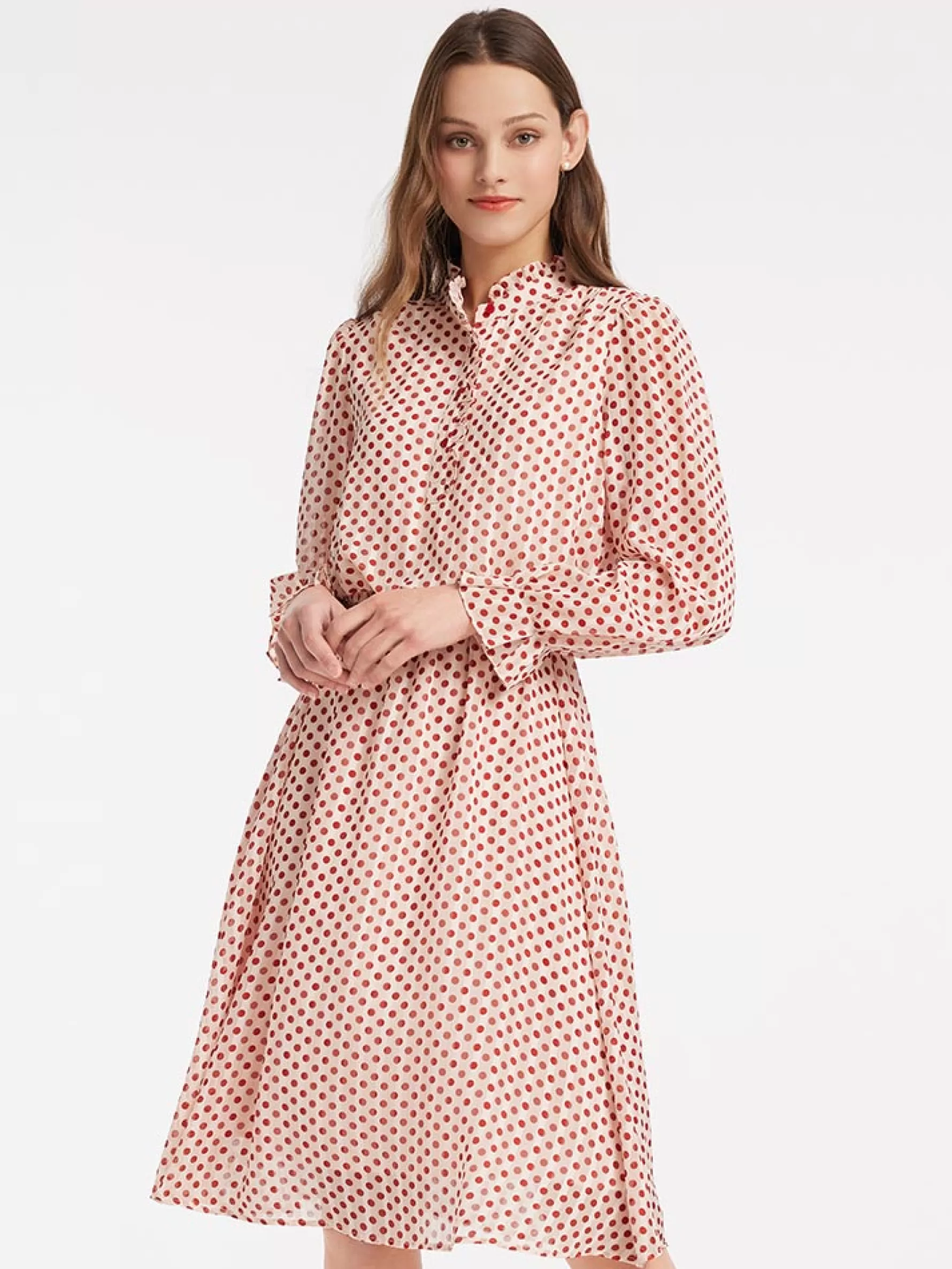 Jingus Gathered Waist Chiffon Polka Dot idi Dress-J.ING