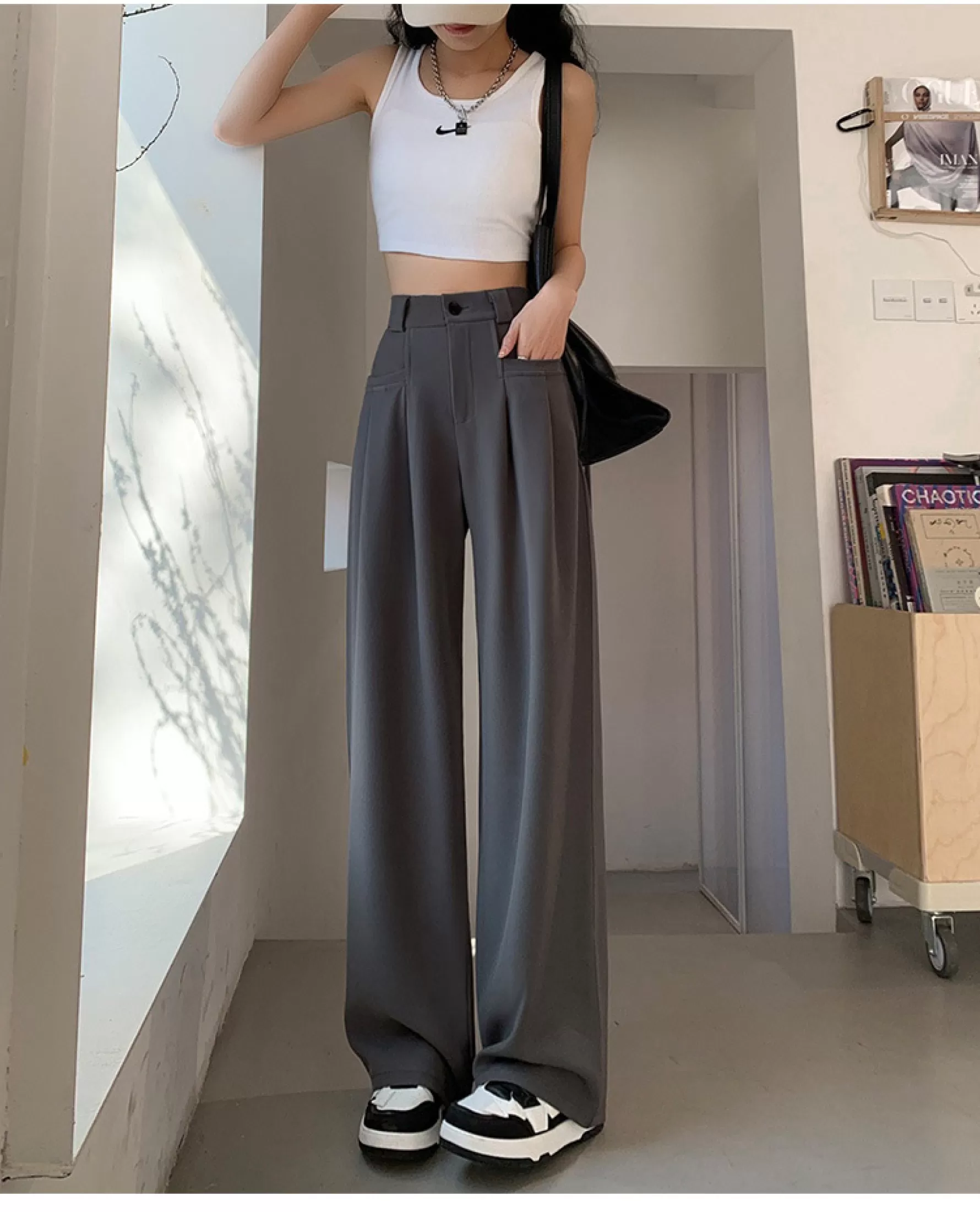 Jingus Wide-Leg Slip Pocket Straight Suit Pants-J.ING