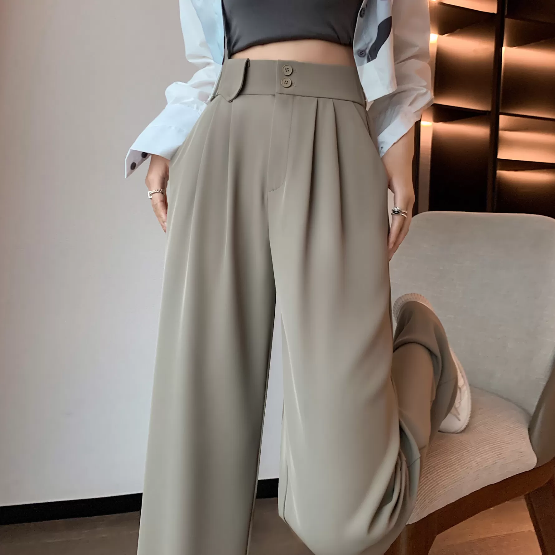 Jingus High-Waisted Straight Trousers Slacks-J.ING