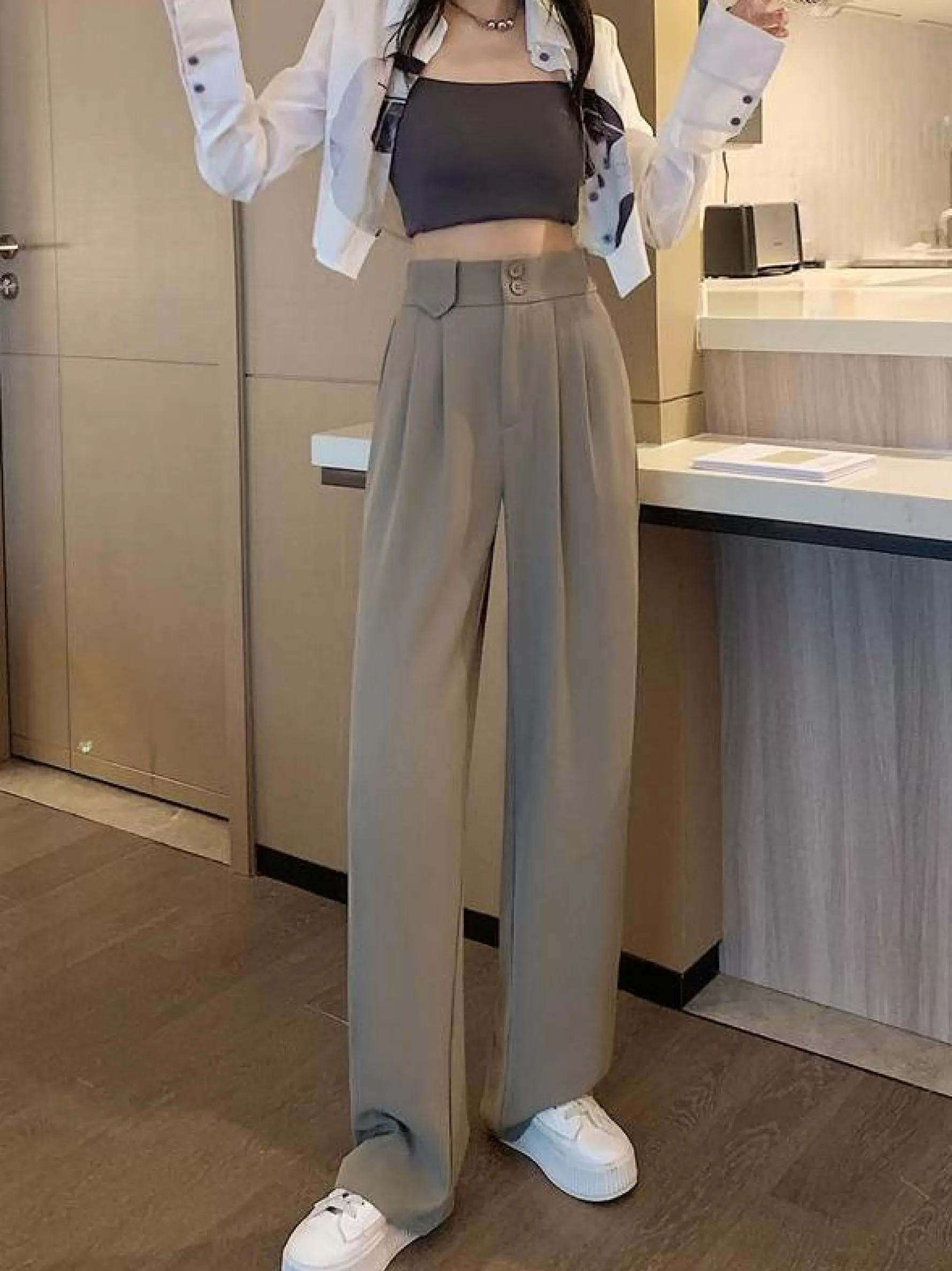 Jingus High-Waisted Straight Trousers Slacks-J.ING