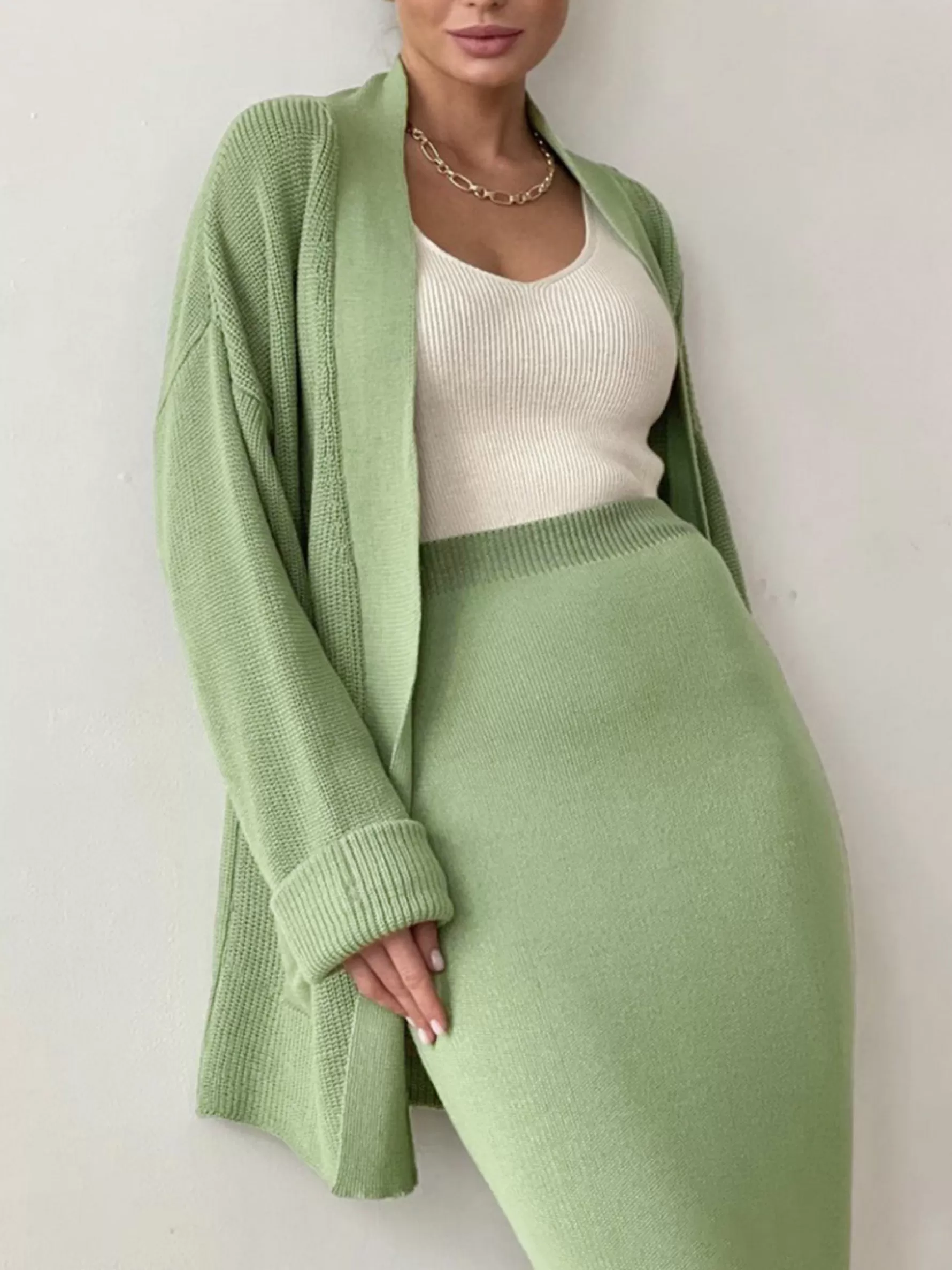 Jingus Greene Tied Cardigan Two Piece kirt et-J.ING