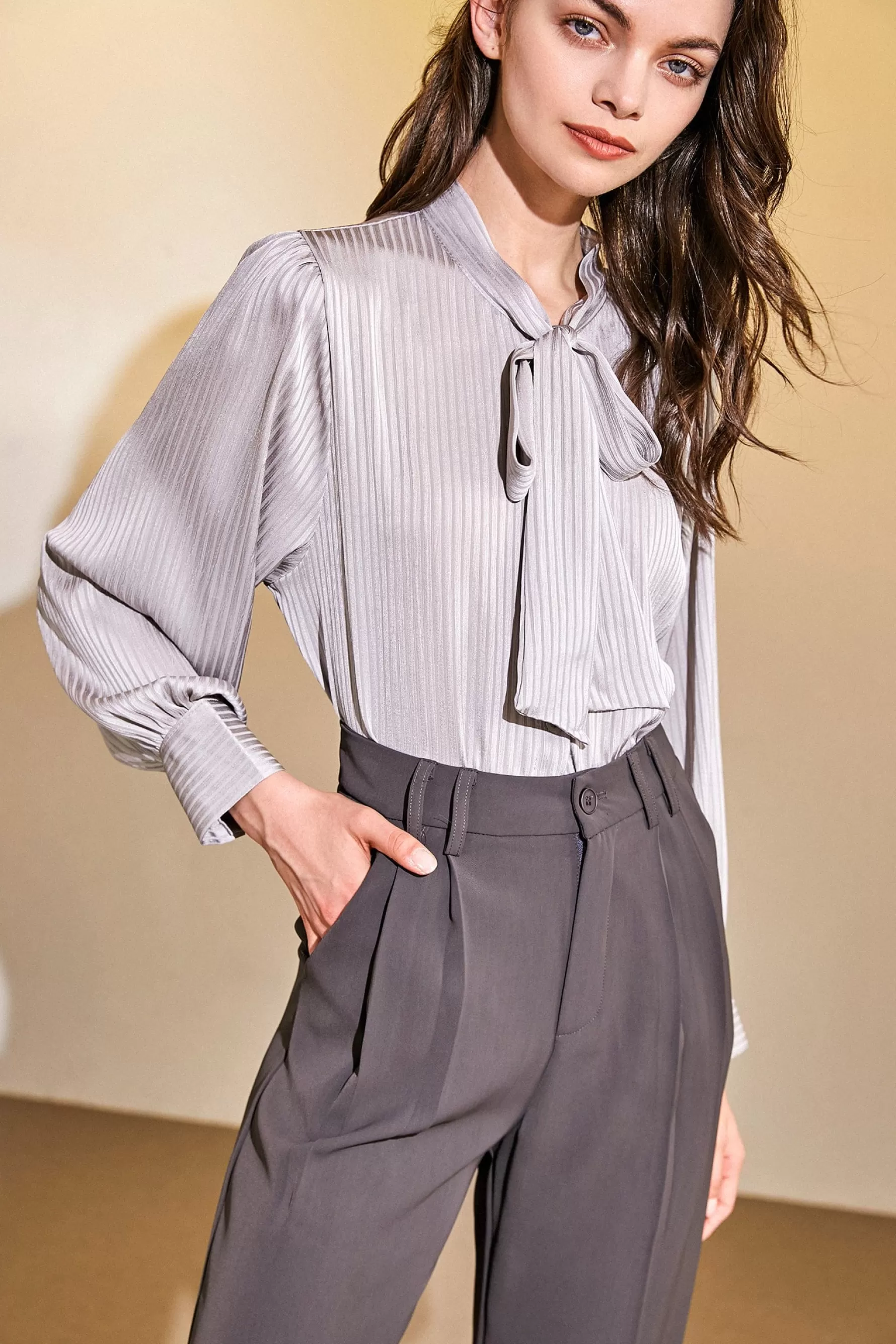 Jingus Chiffon Tie-Neck Striped Shirt-J.ING