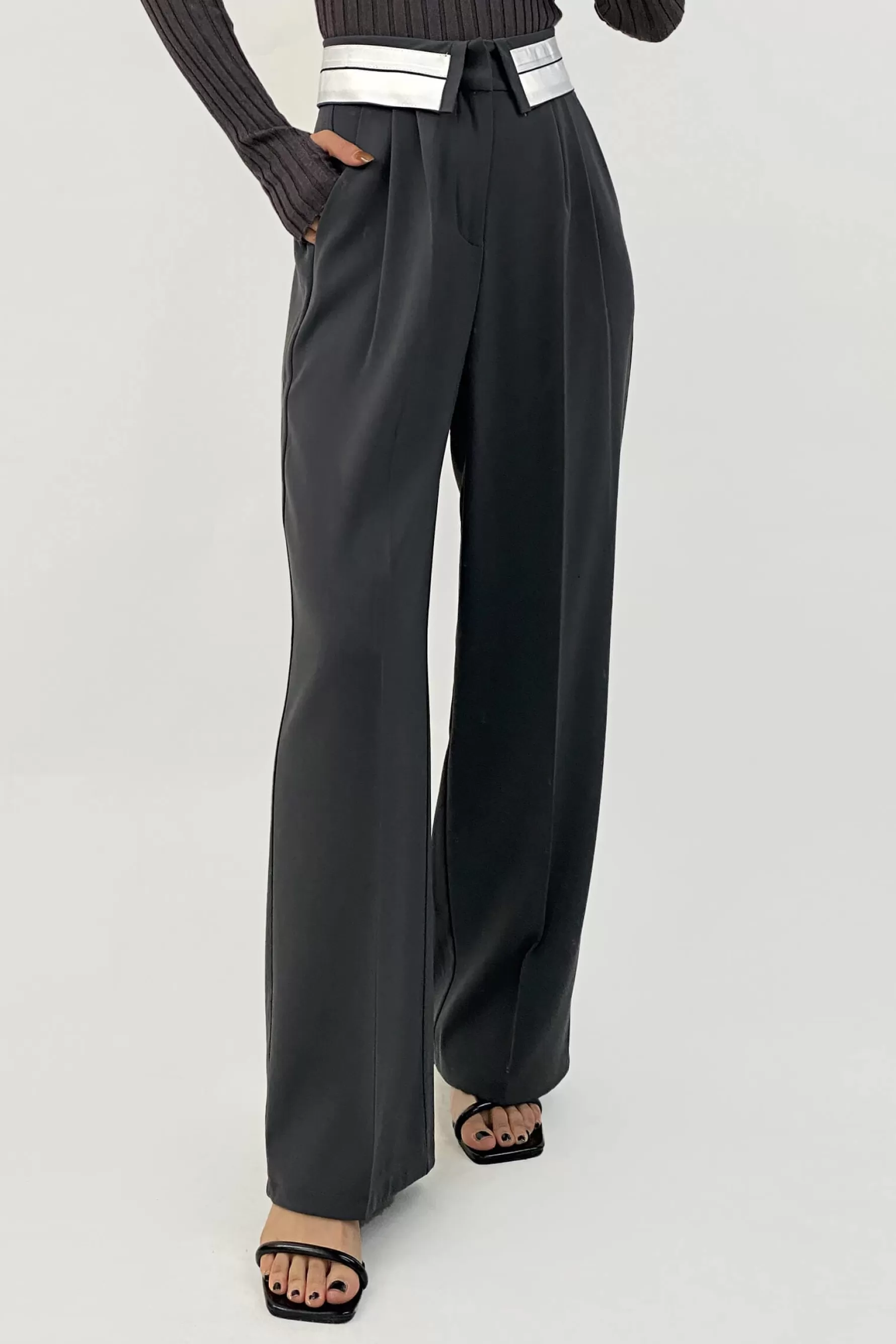 Jingus Contrast Foldover Waist Wide Leg Pants-J.ING