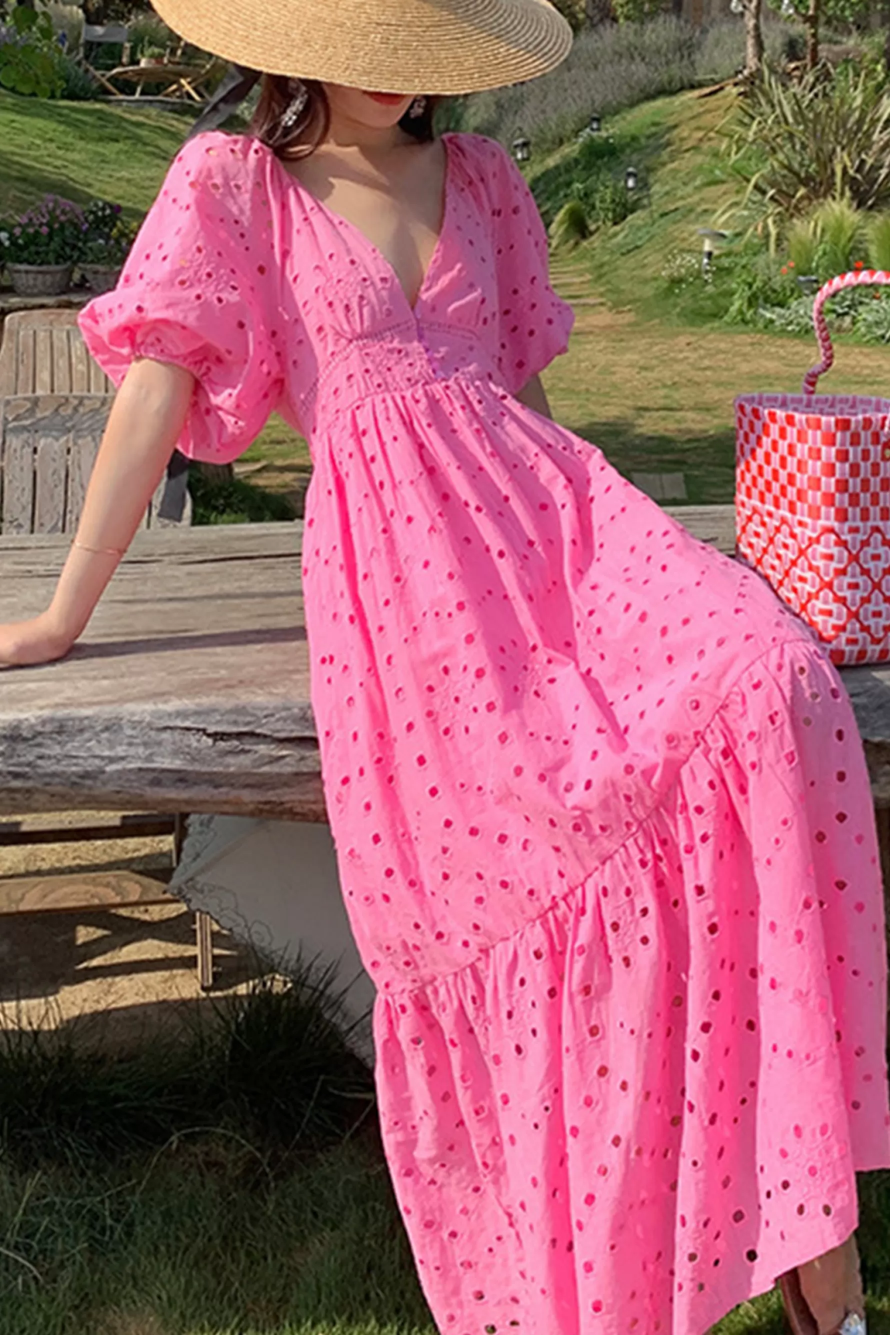 Jingus Hot Pink V Neck Balloon Sleeve Eyelet Maxi Dress-J.ING