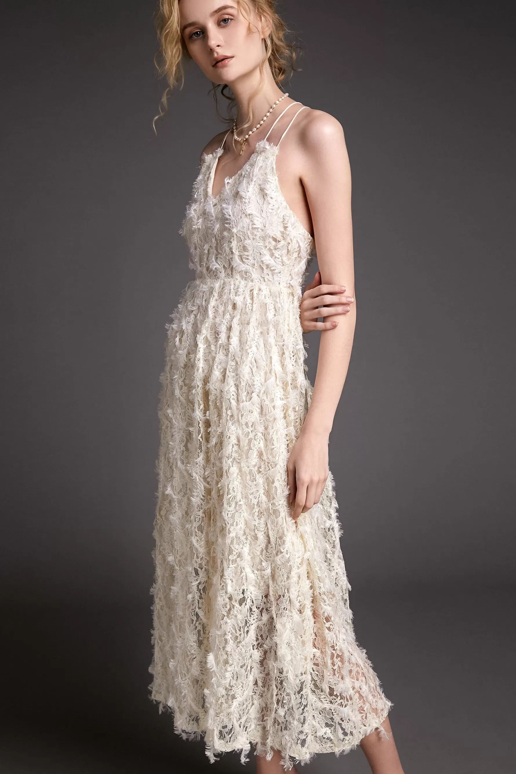 Jingus Cross-Back Feather-Trimmed Lace Maxi Dress-J.ING