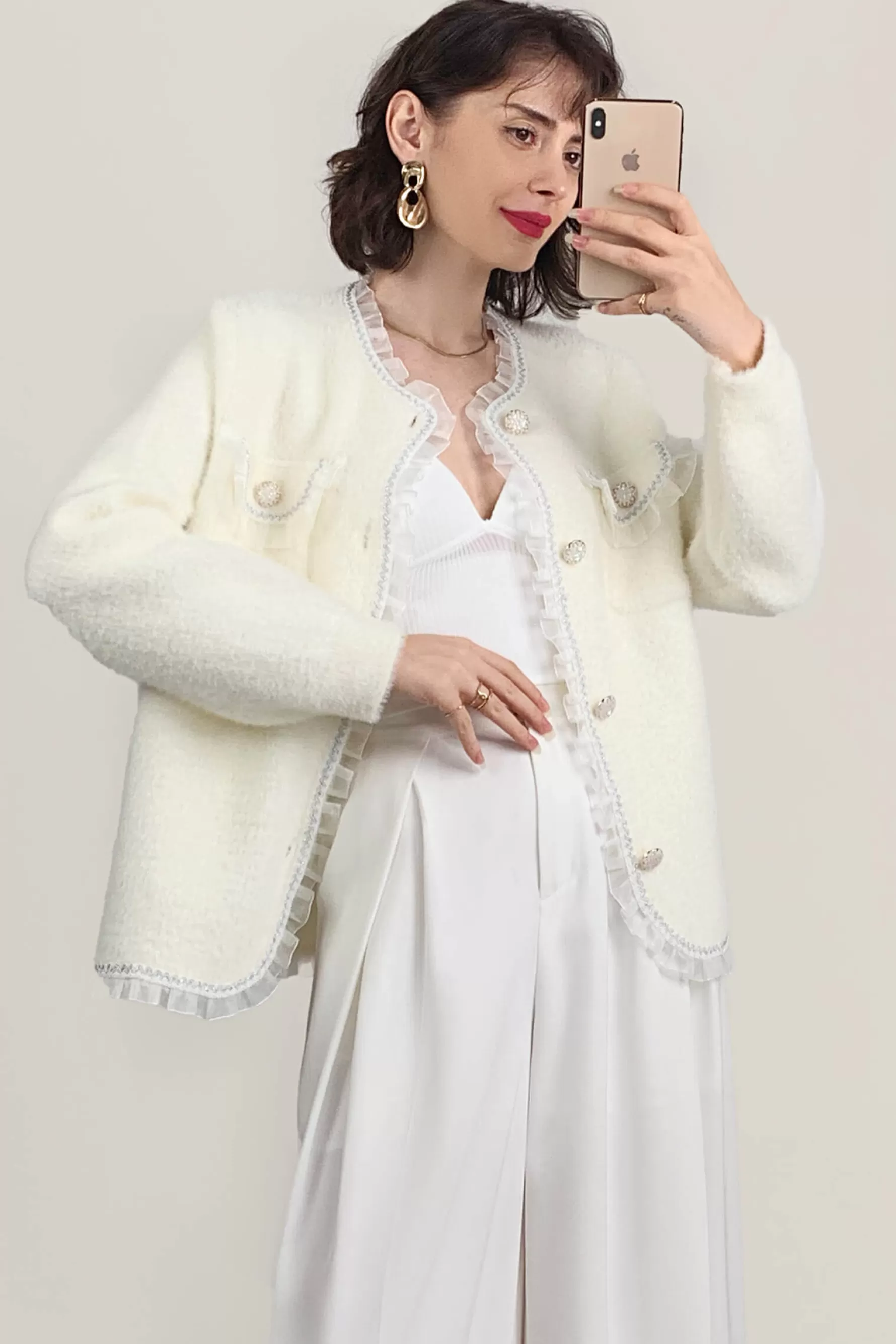 Jingus Faux Fur Ruffled Button-Up Cardigan-J.ING