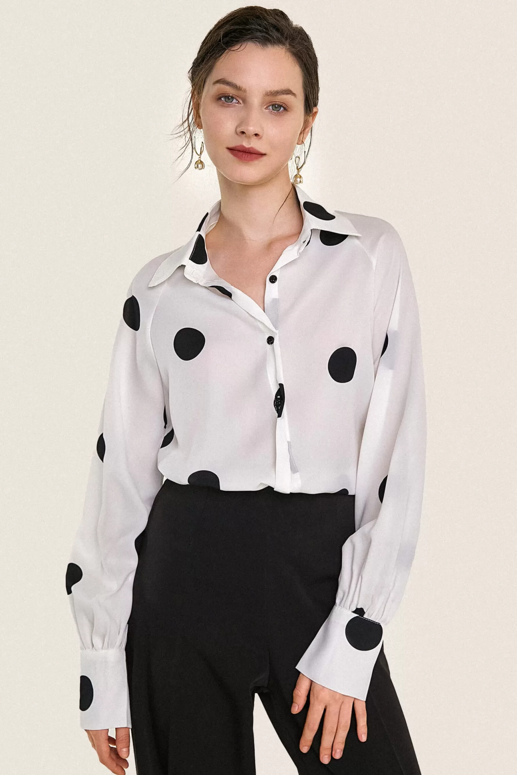 Jingus Polka Dot Balloon Sleeve Button-Up Chiffon Shirt-J.ING