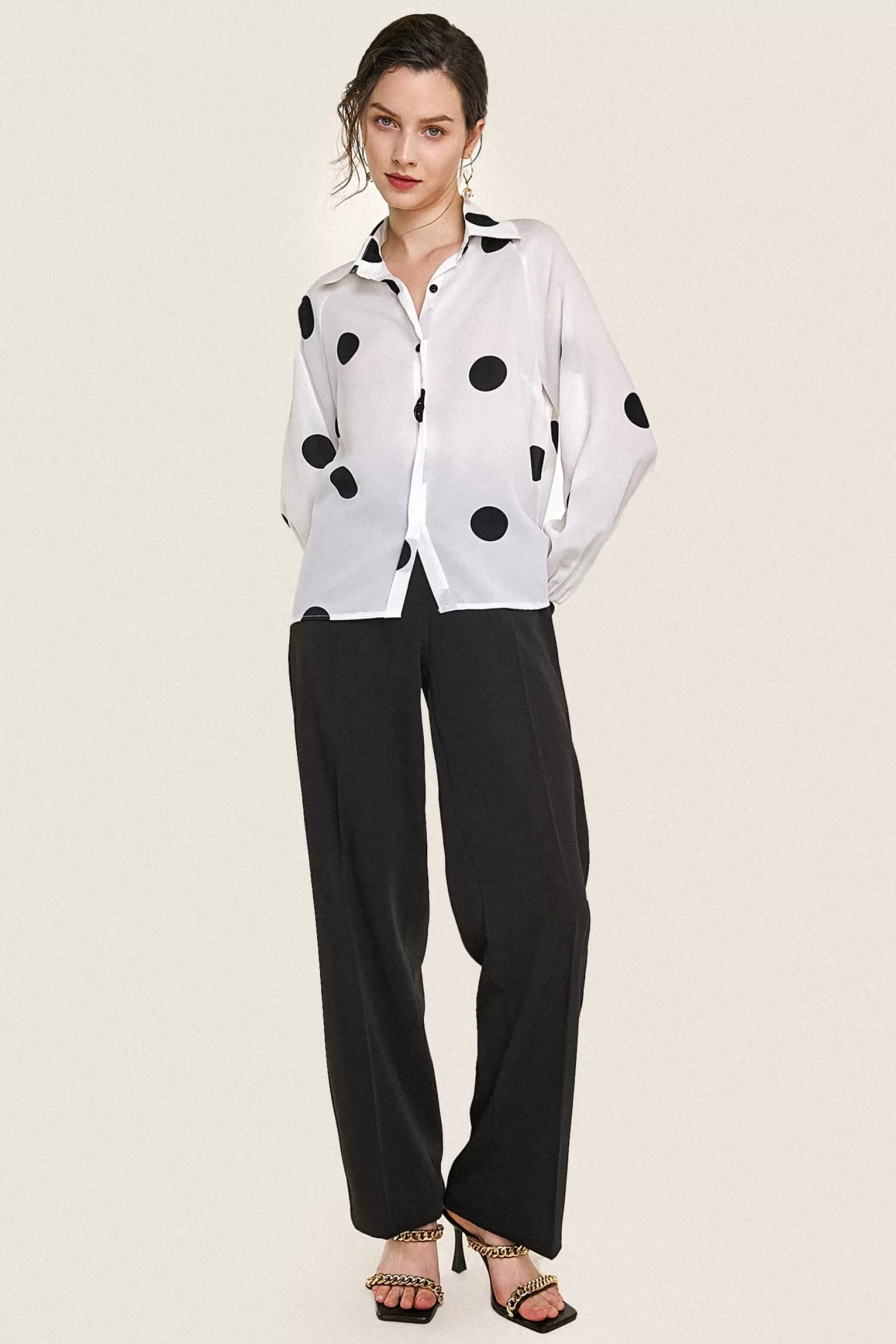 Jingus Polka Dot Balloon Sleeve Button-Up Chiffon Shirt-J.ING