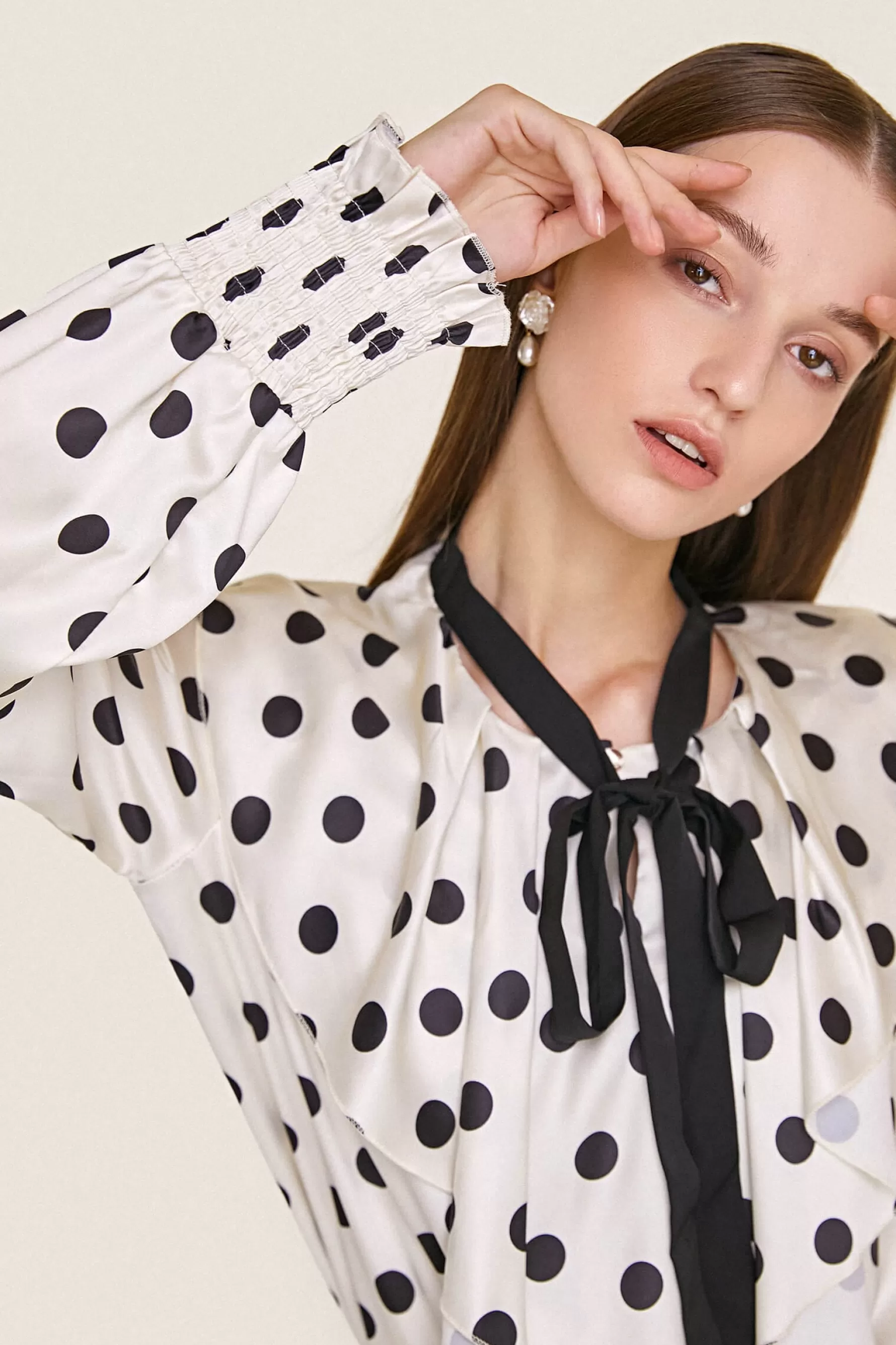 Jingus Polka Dot Flounce-Trimmed Tie Neck Chiffon Blouse-J.ING