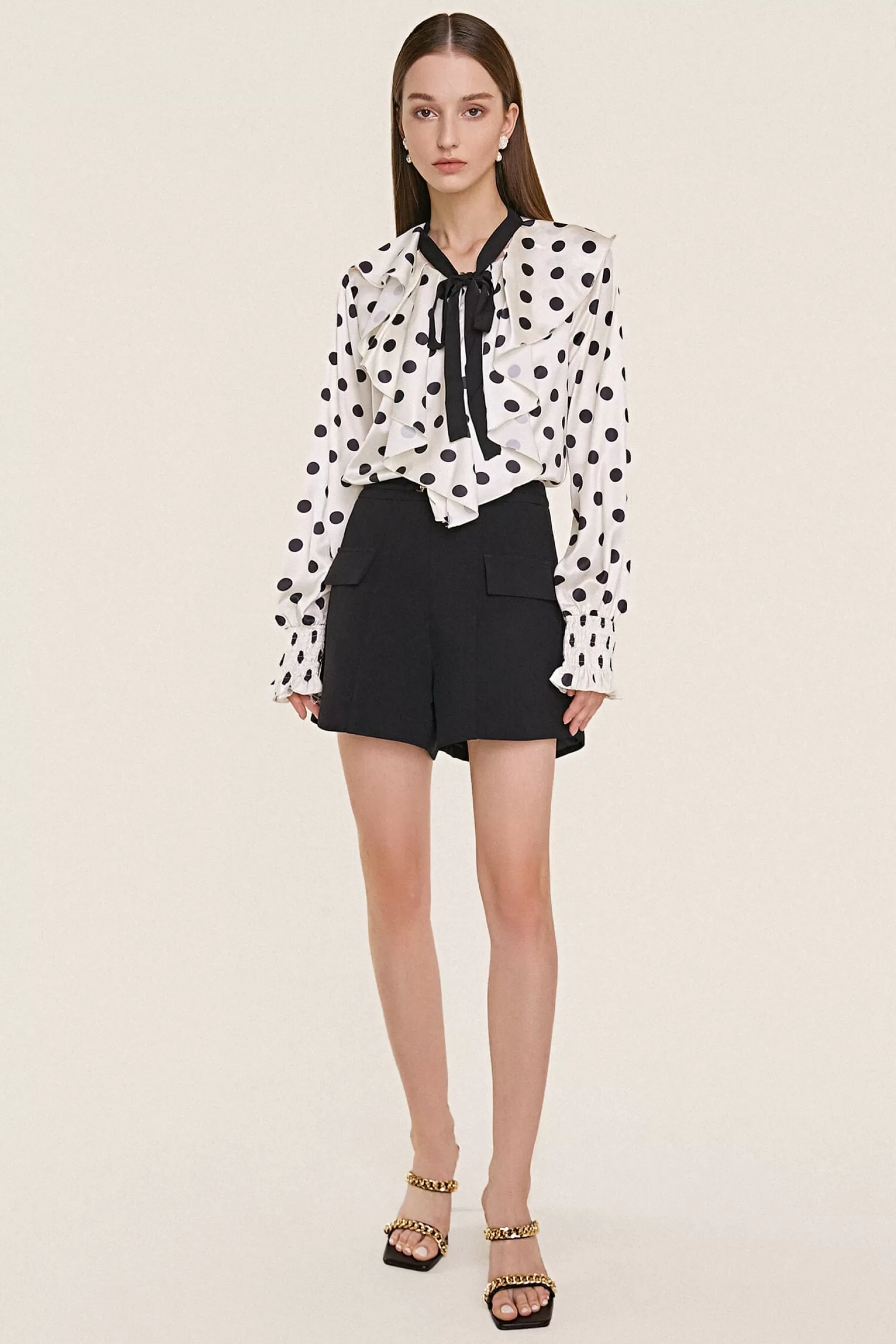 Jingus Polka Dot Flounce-Trimmed Tie Neck Chiffon Blouse-J.ING