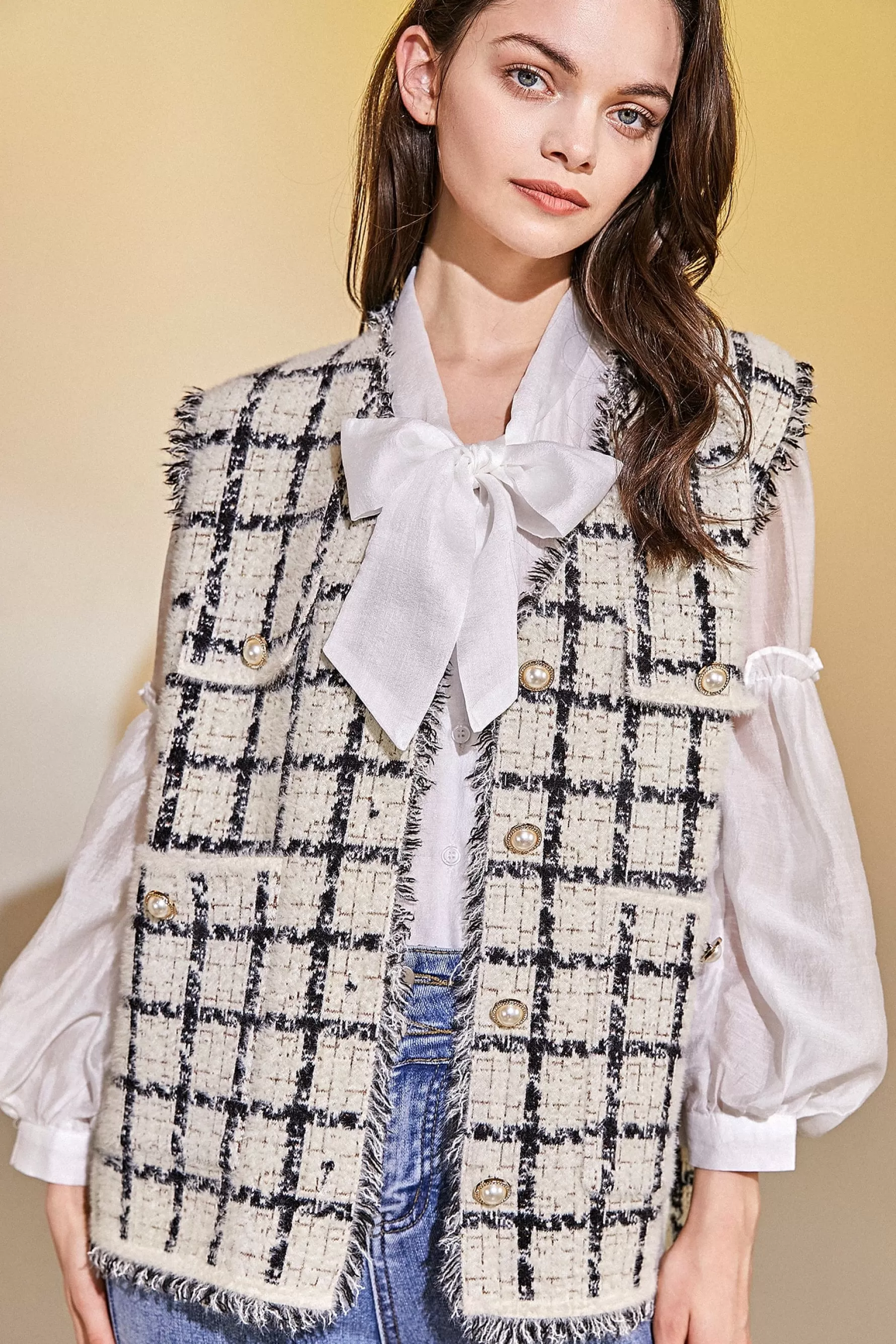 Jingus Tassel Trim Plaid Vest-J.ING