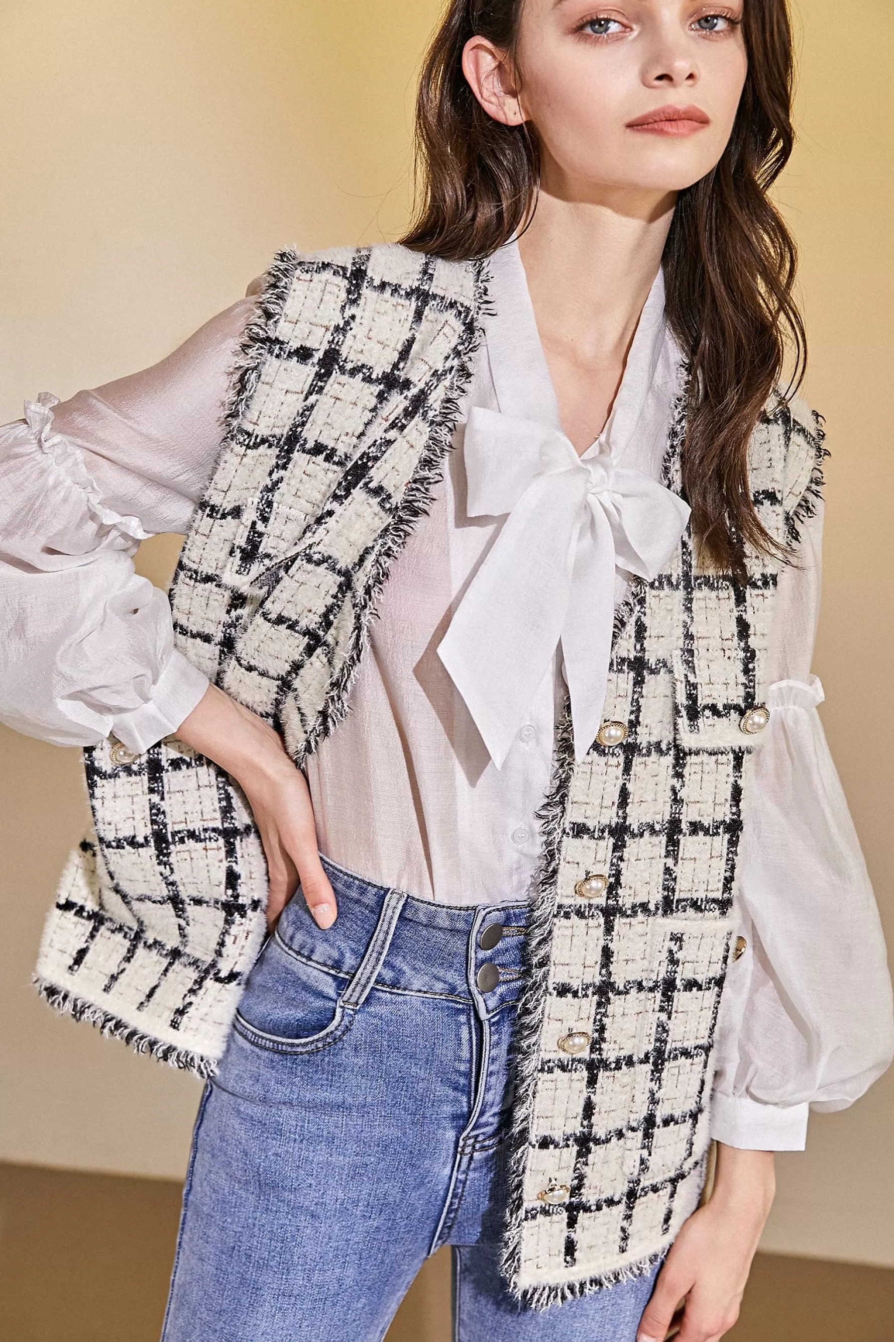 Jingus Tassel Trim Plaid Vest-J.ING