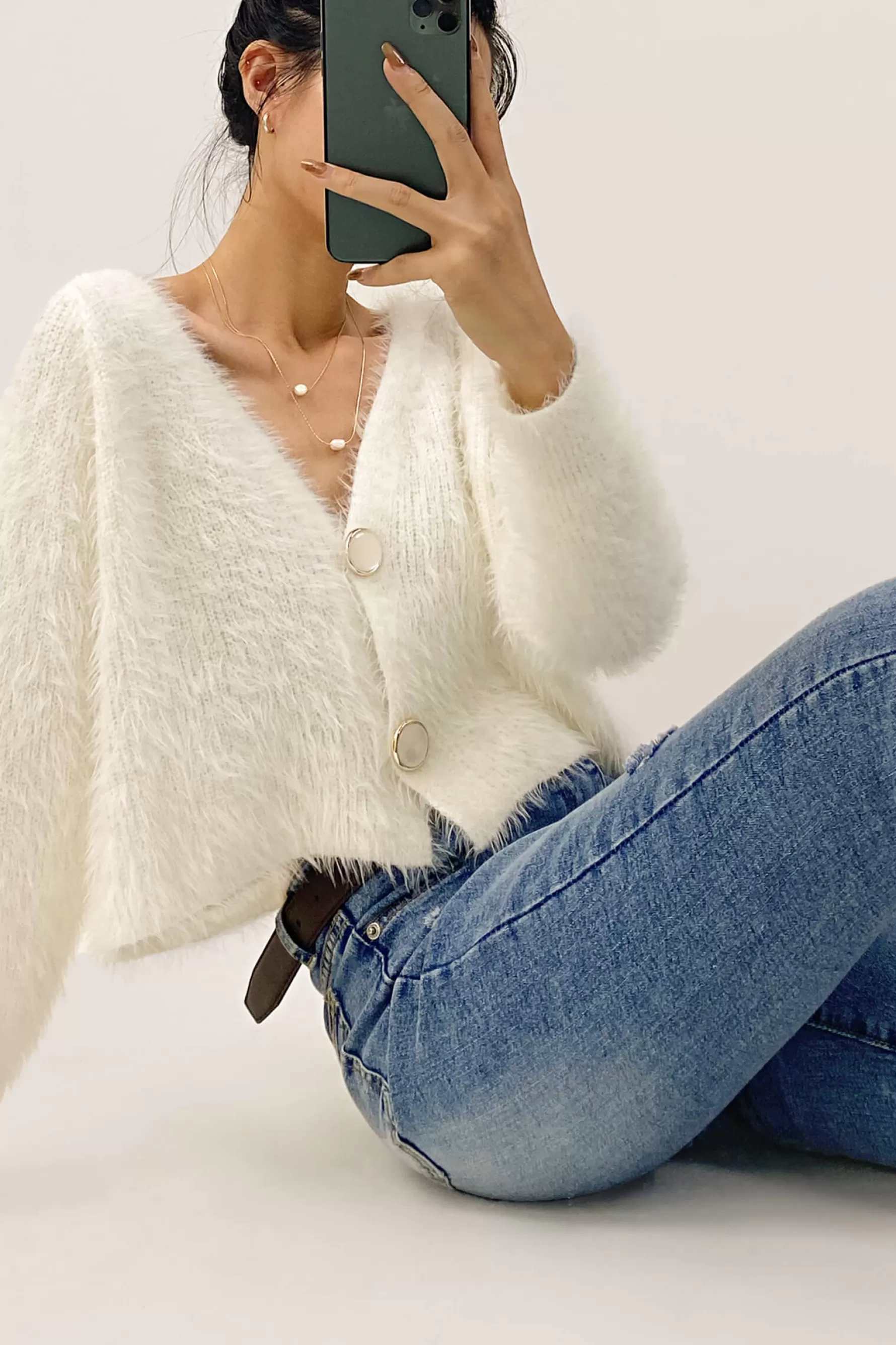 Jingus V-Neck Fuzzy Knit Cropped Cardigan-J.ING