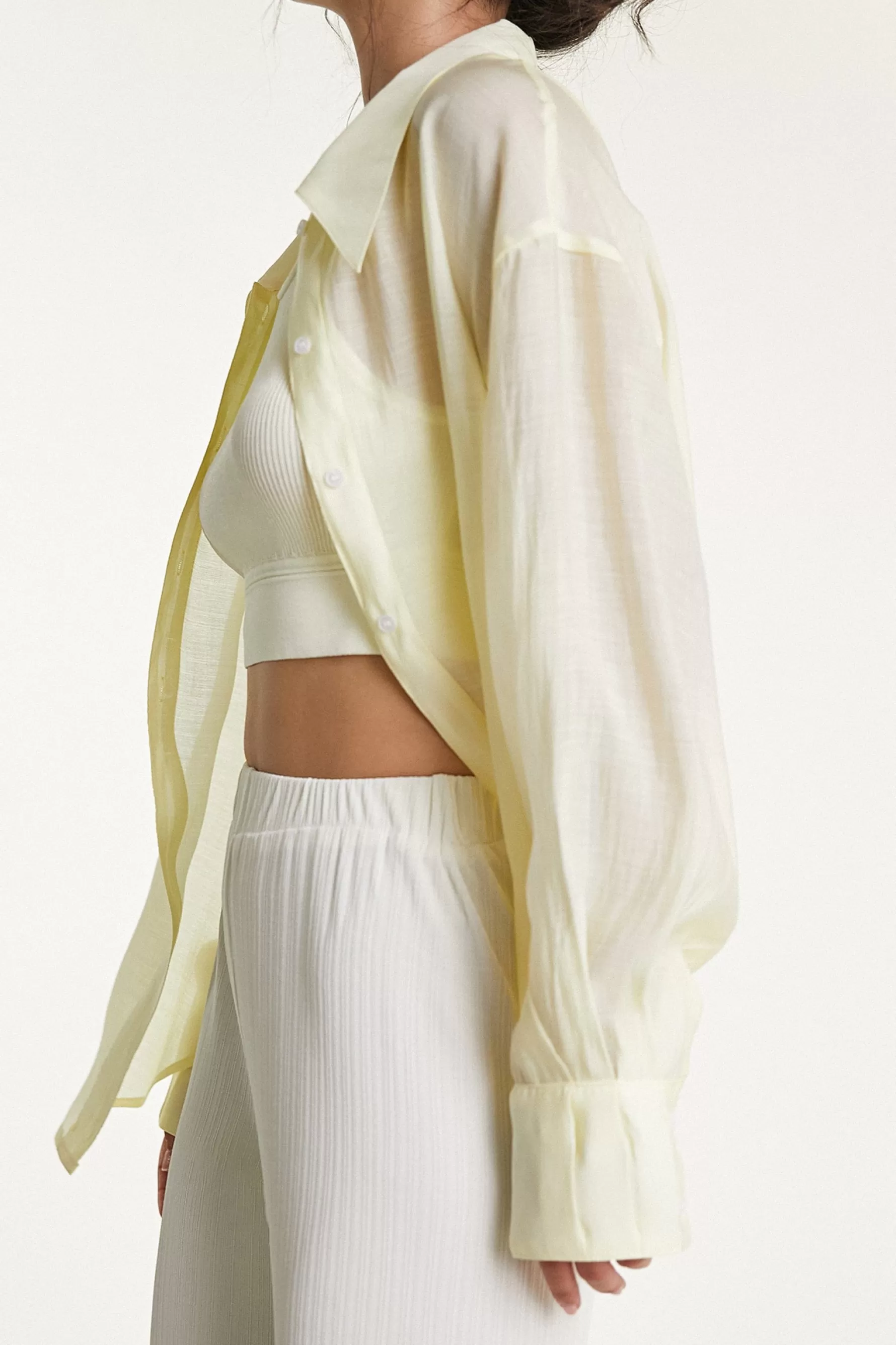 Jingus Lemon Chiffon Button-Up Drop Shoulder Oversized Shirt-J.ING