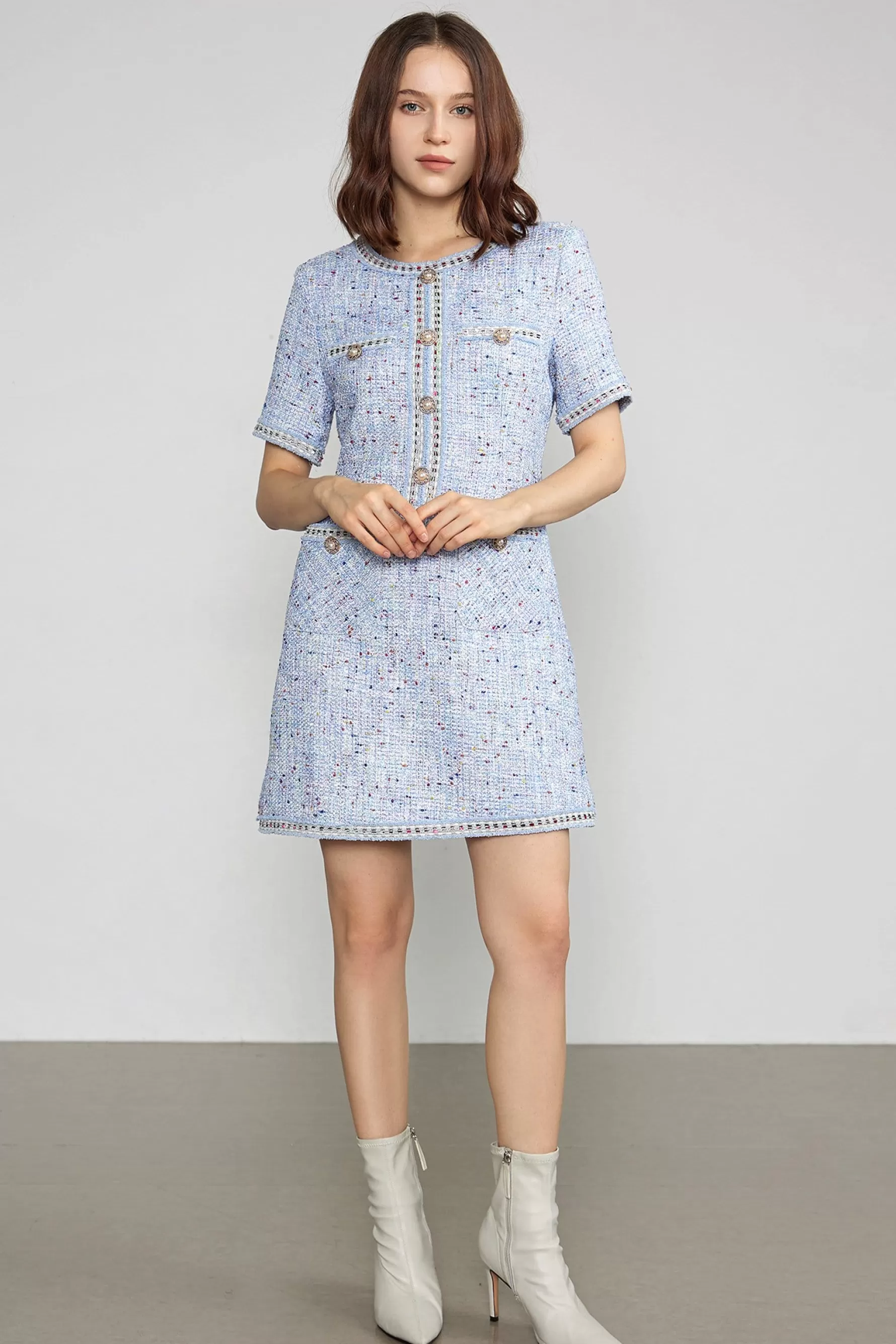 Jingus Librada Blue Button Short Sleeve Mini Dress-J.ING