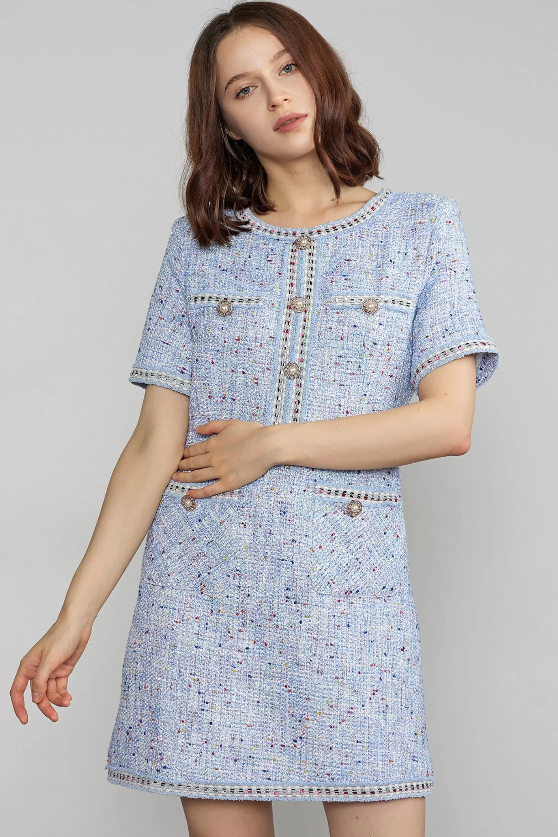 Jingus Librada Blue Button Short Sleeve Mini Dress-J.ING