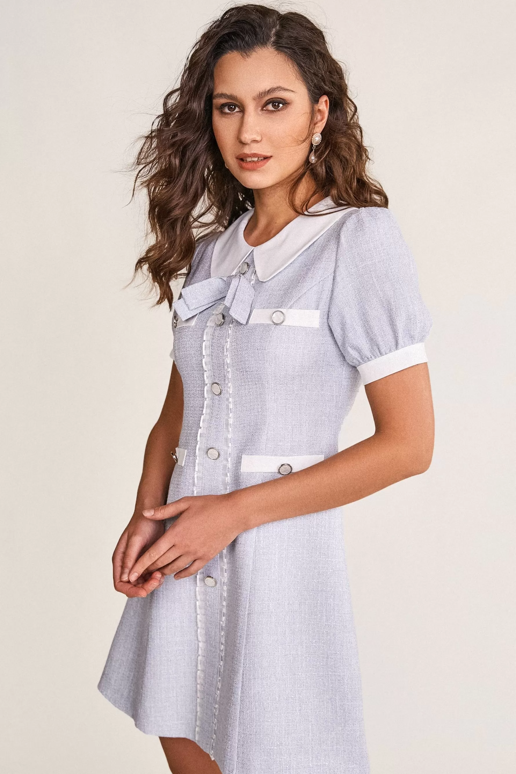 Jingus Light Blue Collared Button Detail A-Line Tweed Mini Dress-J.ING