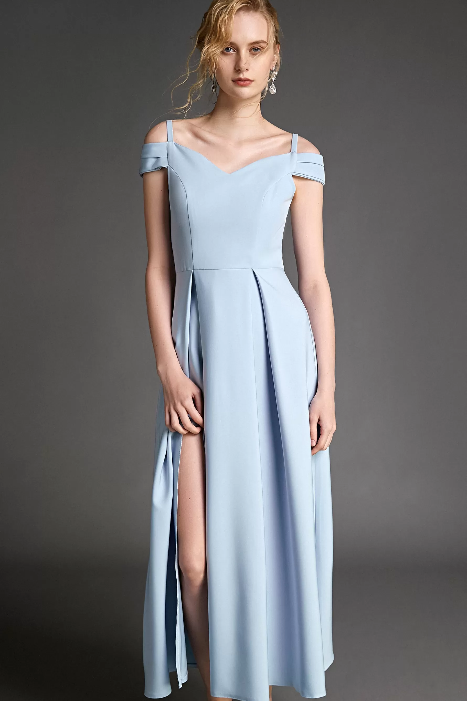 Jingus Light Blue Off-the-Shoulder Pleated Side Slit Maxi Dress-J.ING