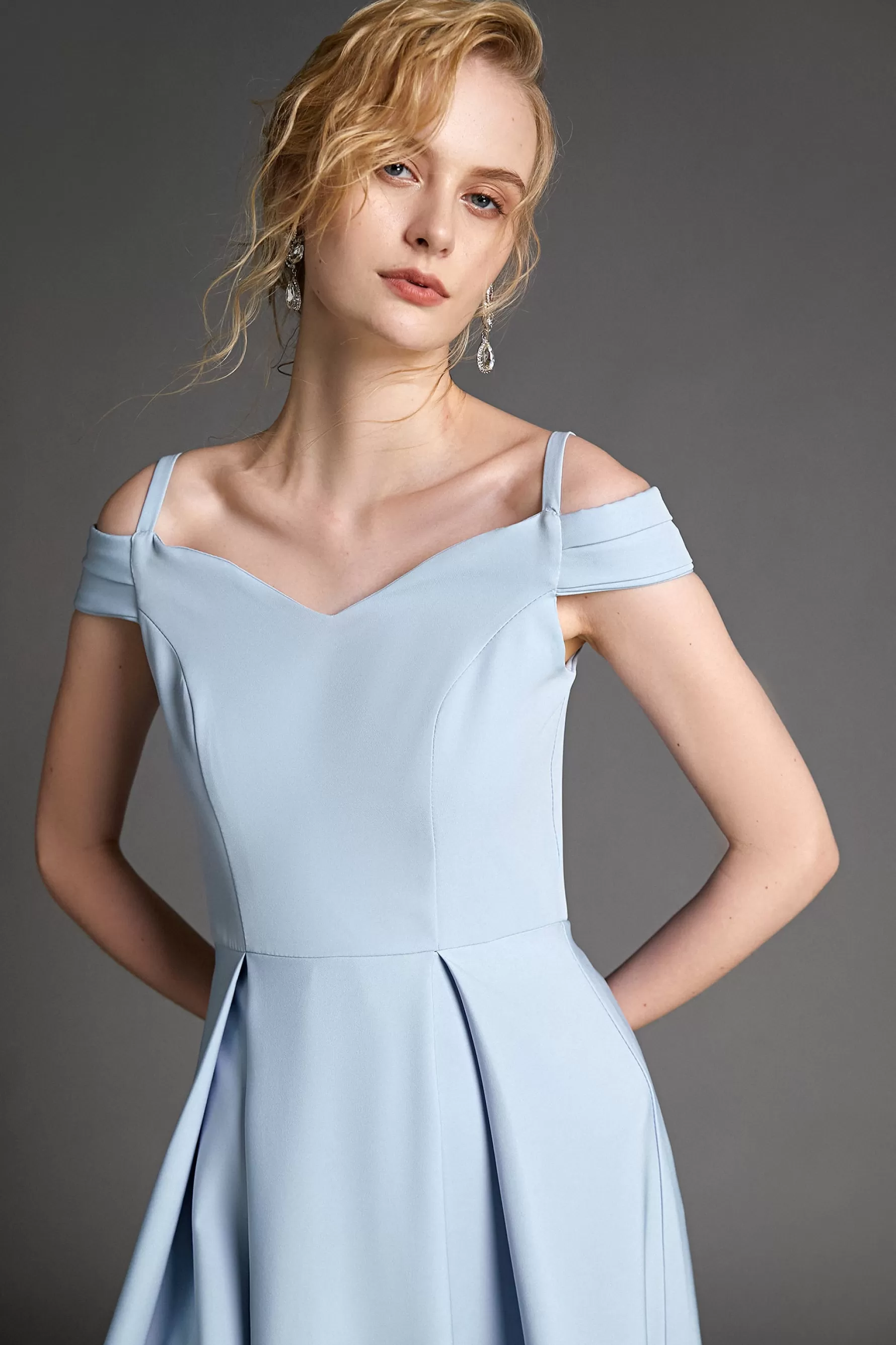 Jingus Light Blue Off-the-Shoulder Pleated Side Slit Maxi Dress-J.ING