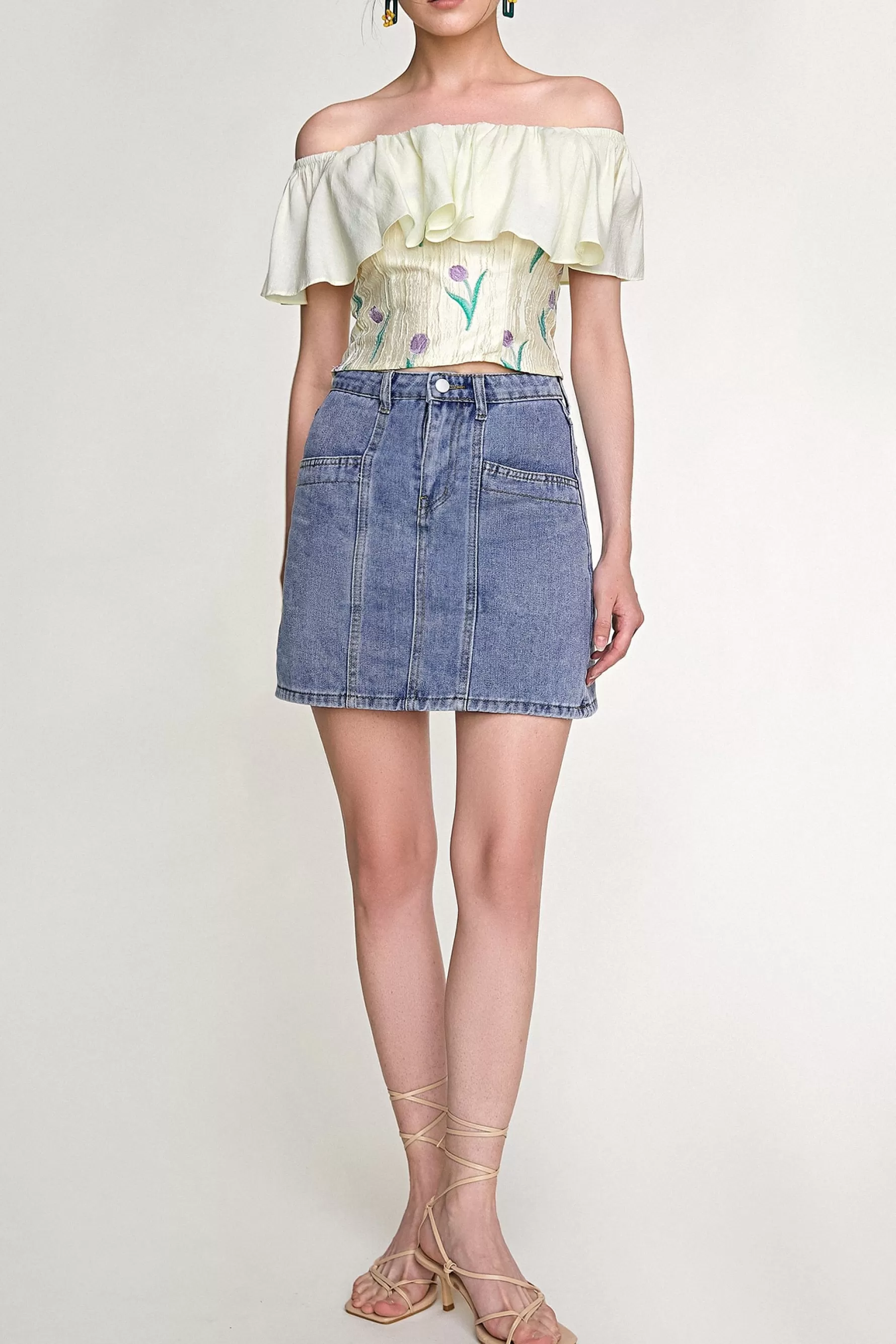 Jingus Light Blue Wash High Rise A-Line Mini Denim Skirt-J.ING