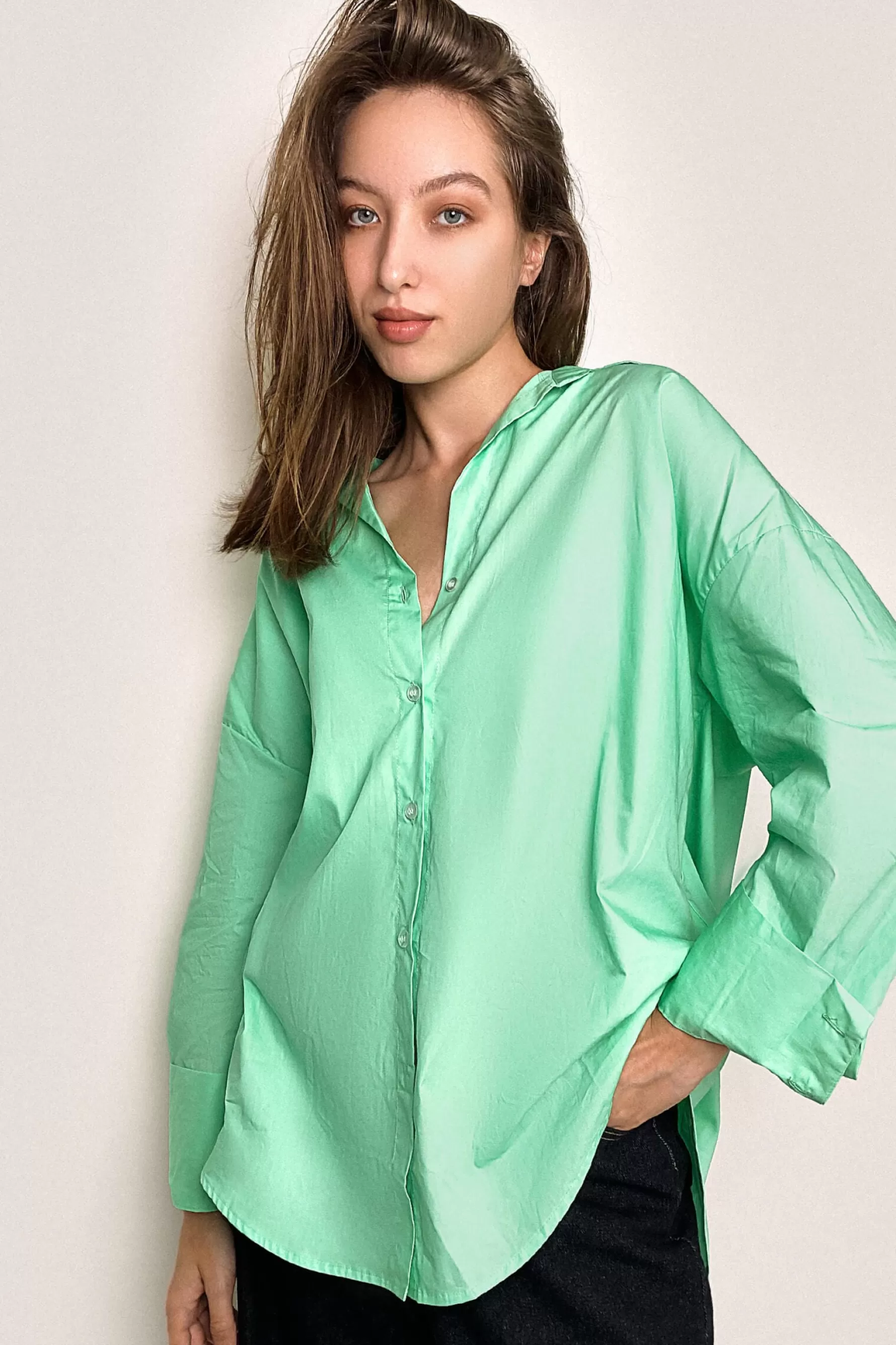 Jingus Light Green Oversized Button-Up Shirt-J.ING