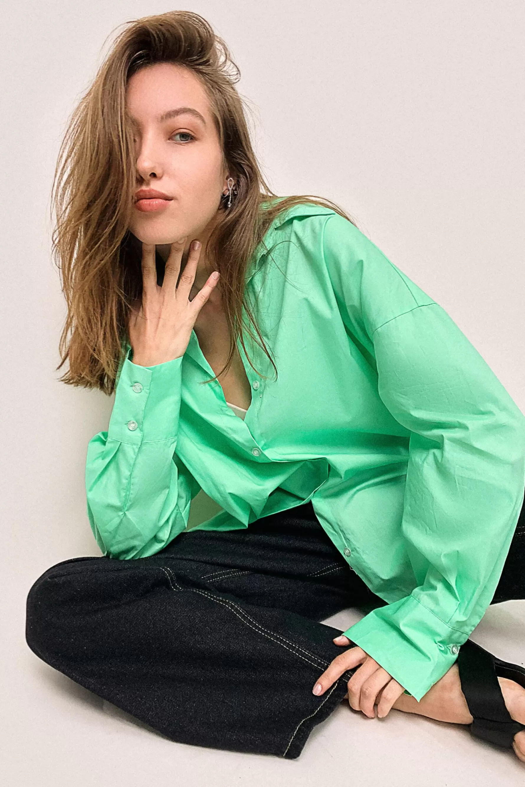 Jingus Light Green Oversized Button-Up Shirt-J.ING