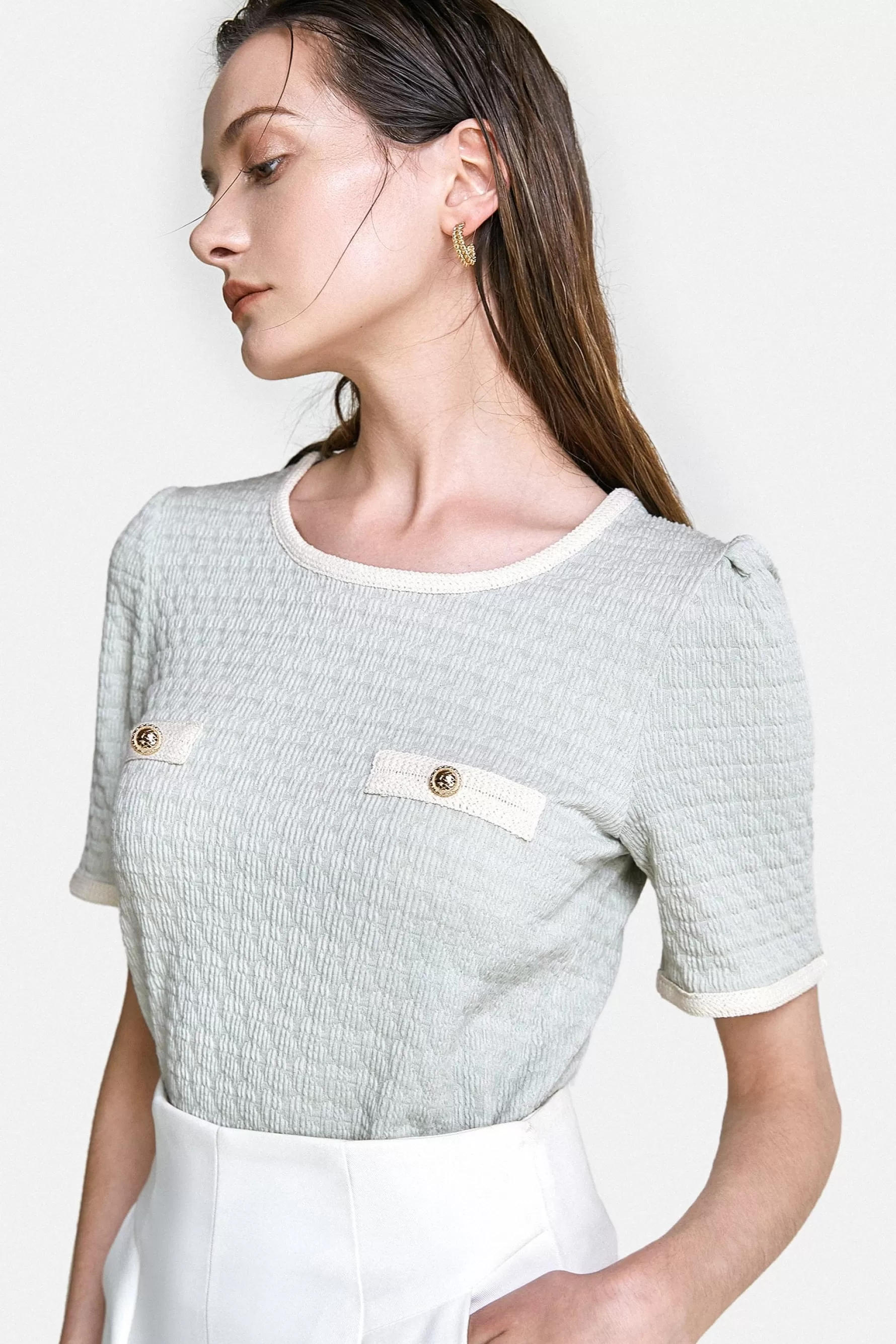 Jingus Light Green Textured Contrast Binding Short Sleeve Blouse-J.ING