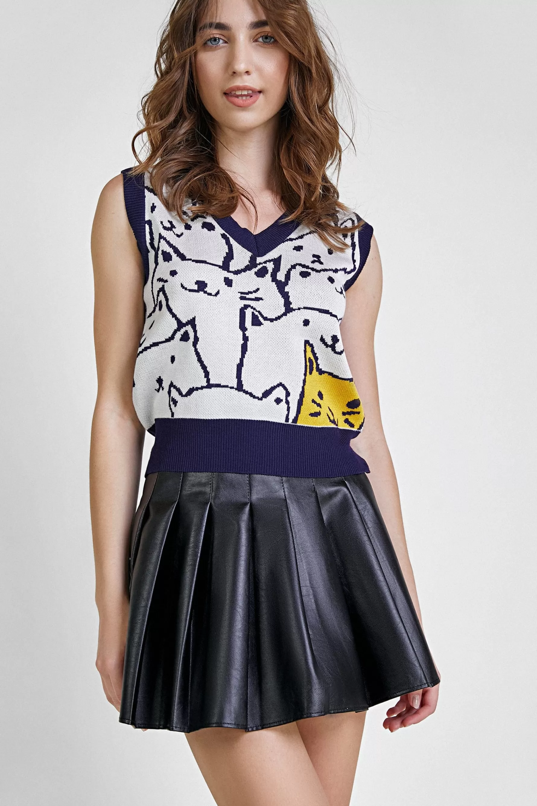 Jingus Midnight Blue Cat Print Knitted Vest-J.ING