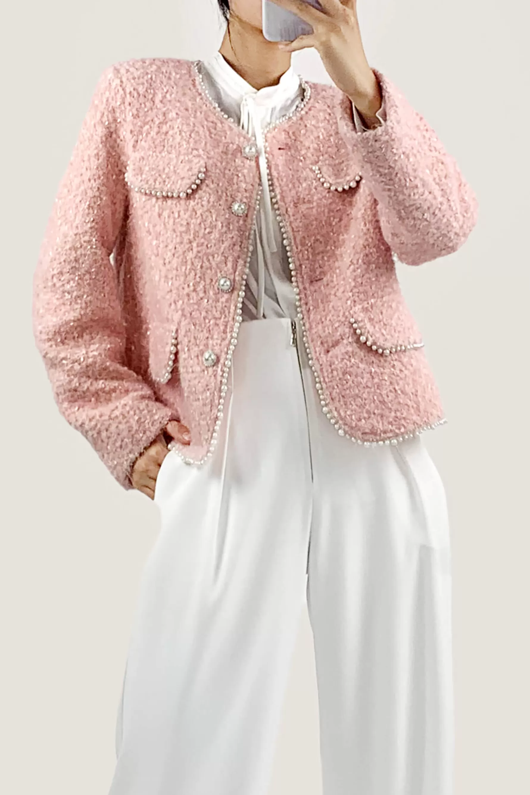 Jingus Misty Rose Wool-Blend Long Sleeve Button Up Pearl-Trimmed Jacket-J.ING