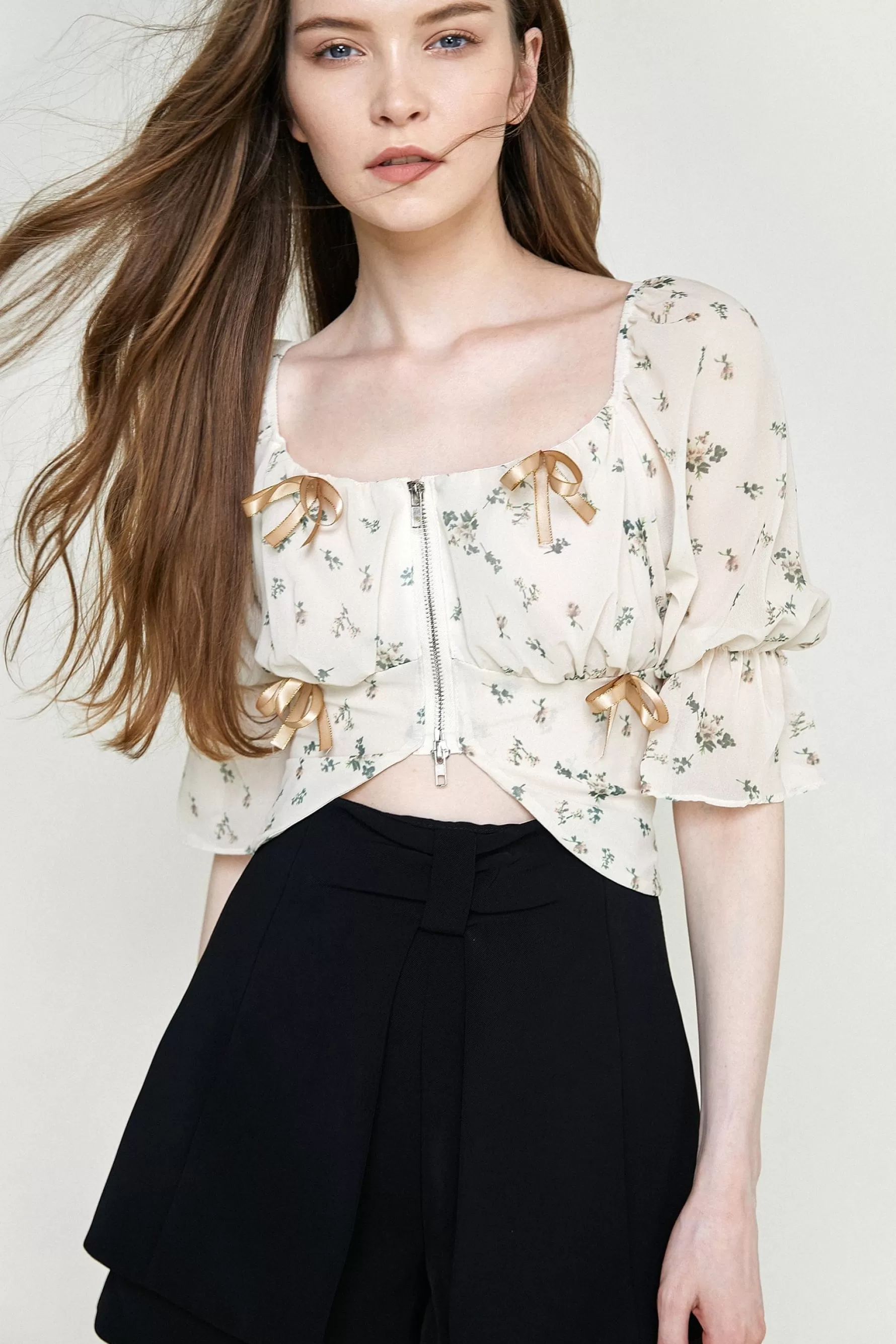 Jingus Old Lace Floral Print Bowknot Detail Zip-Up Blouse-J.ING