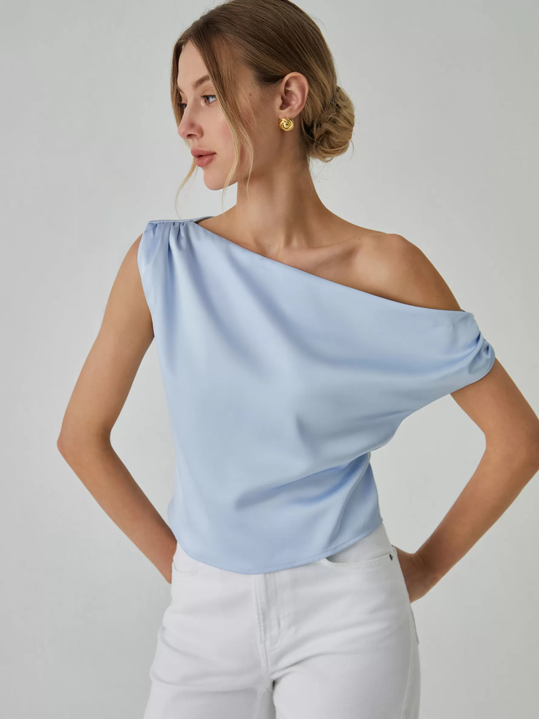 Jingus One Shoulder Off Knotted Blouse-J.ING