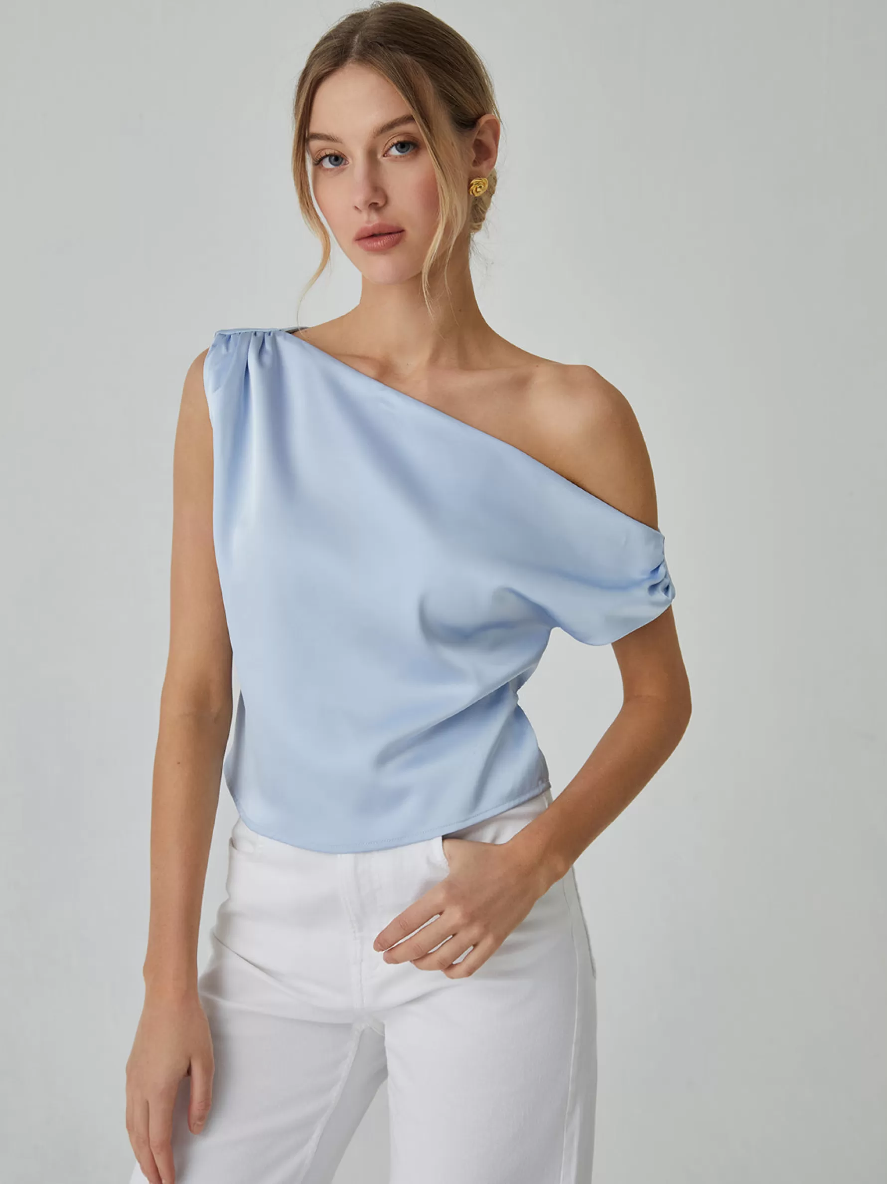 Jingus One Shoulder Off Knotted Blouse-J.ING