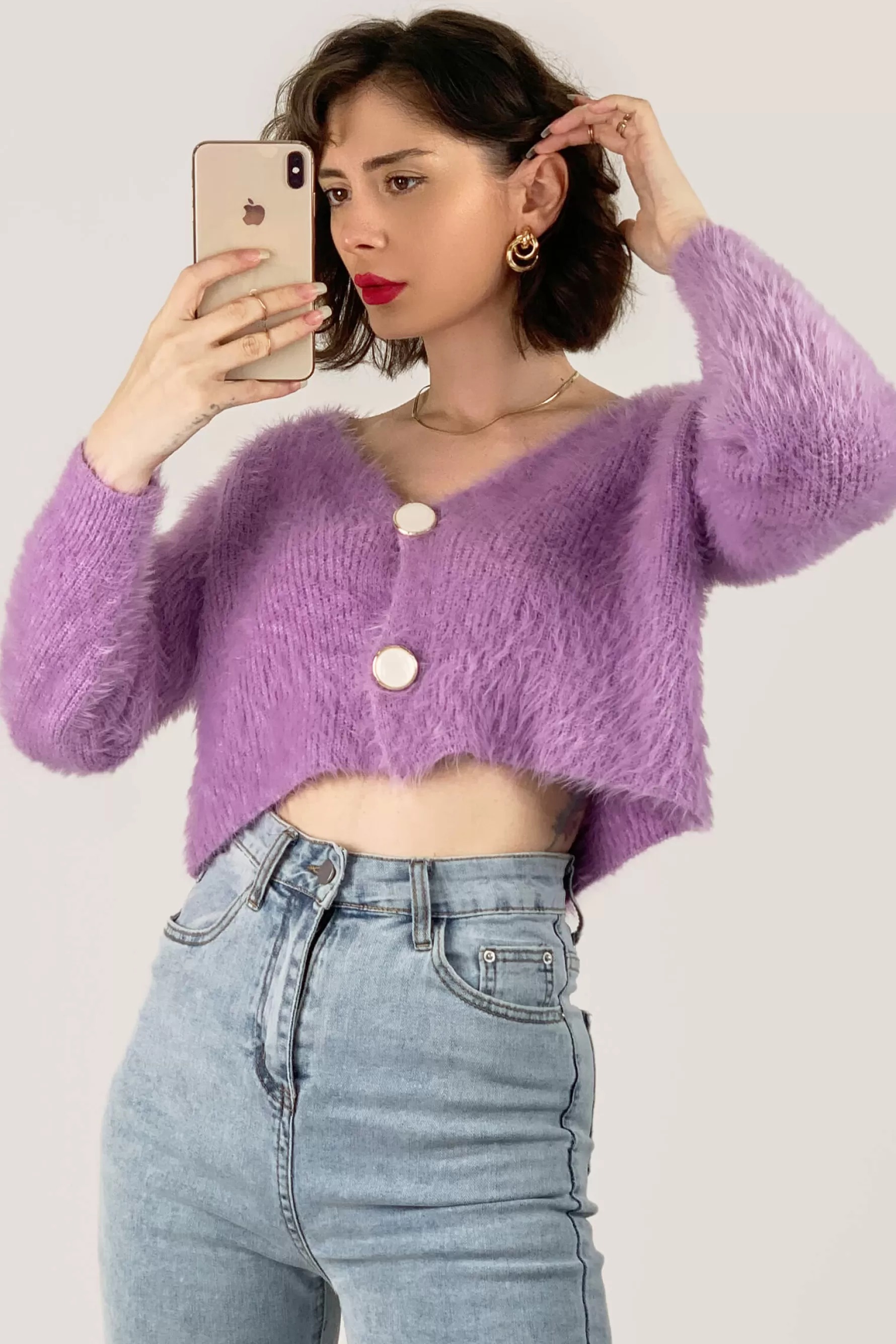 Jingus V-Neck Fuzzy Knit Cropped Cardigan-J.ING