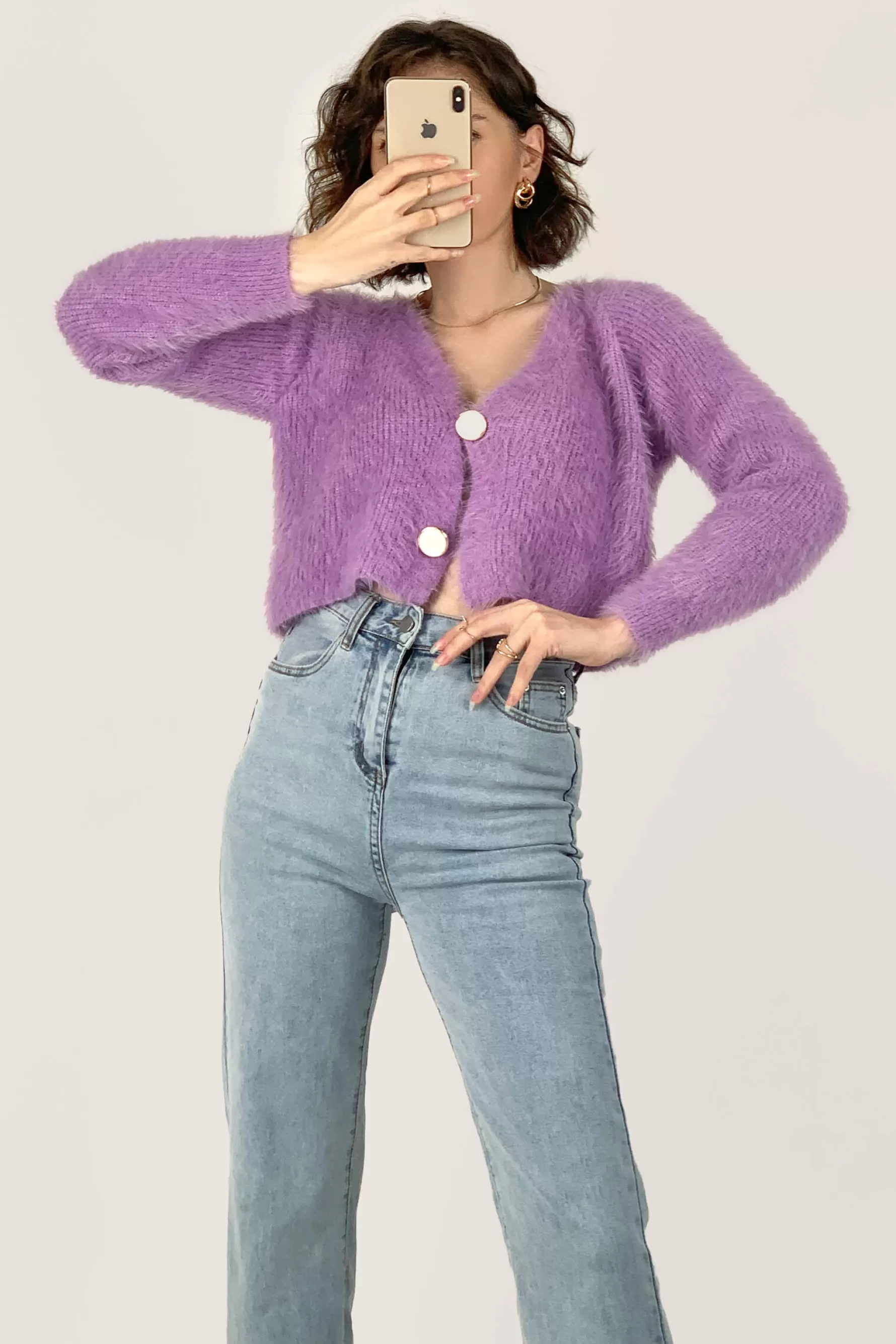 Jingus V-Neck Fuzzy Knit Cropped Cardigan-J.ING