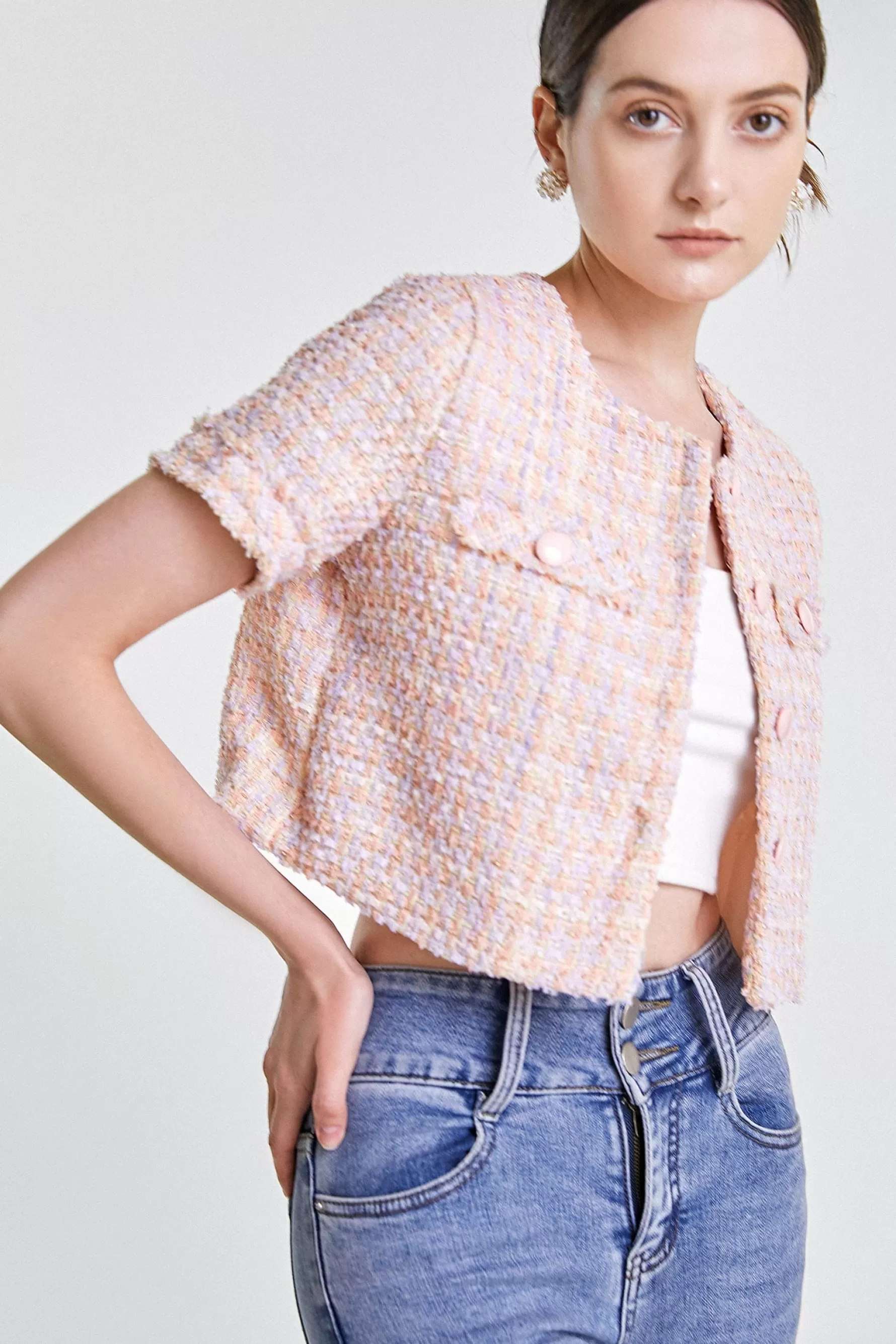 Jingus Button-Up Short Sleeve Cropped Tweed Jacket-J.ING