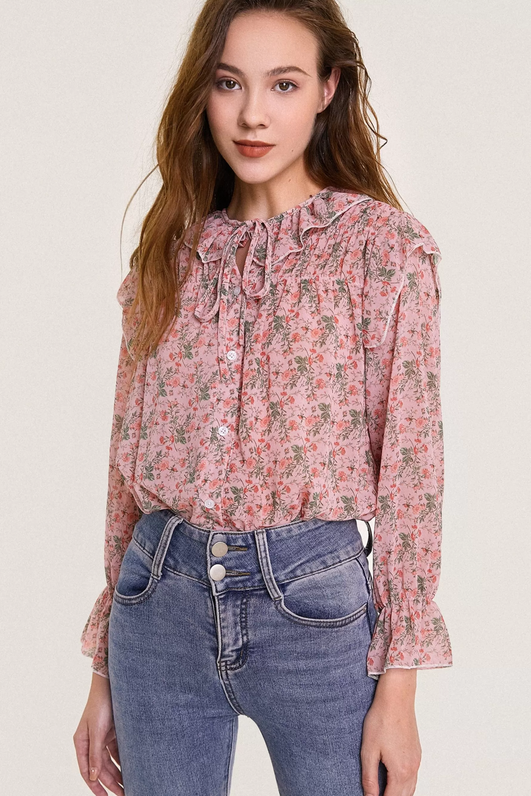 Jingus Floral Print Tie Detail Ruffled Chiffon Blouse-J.ING