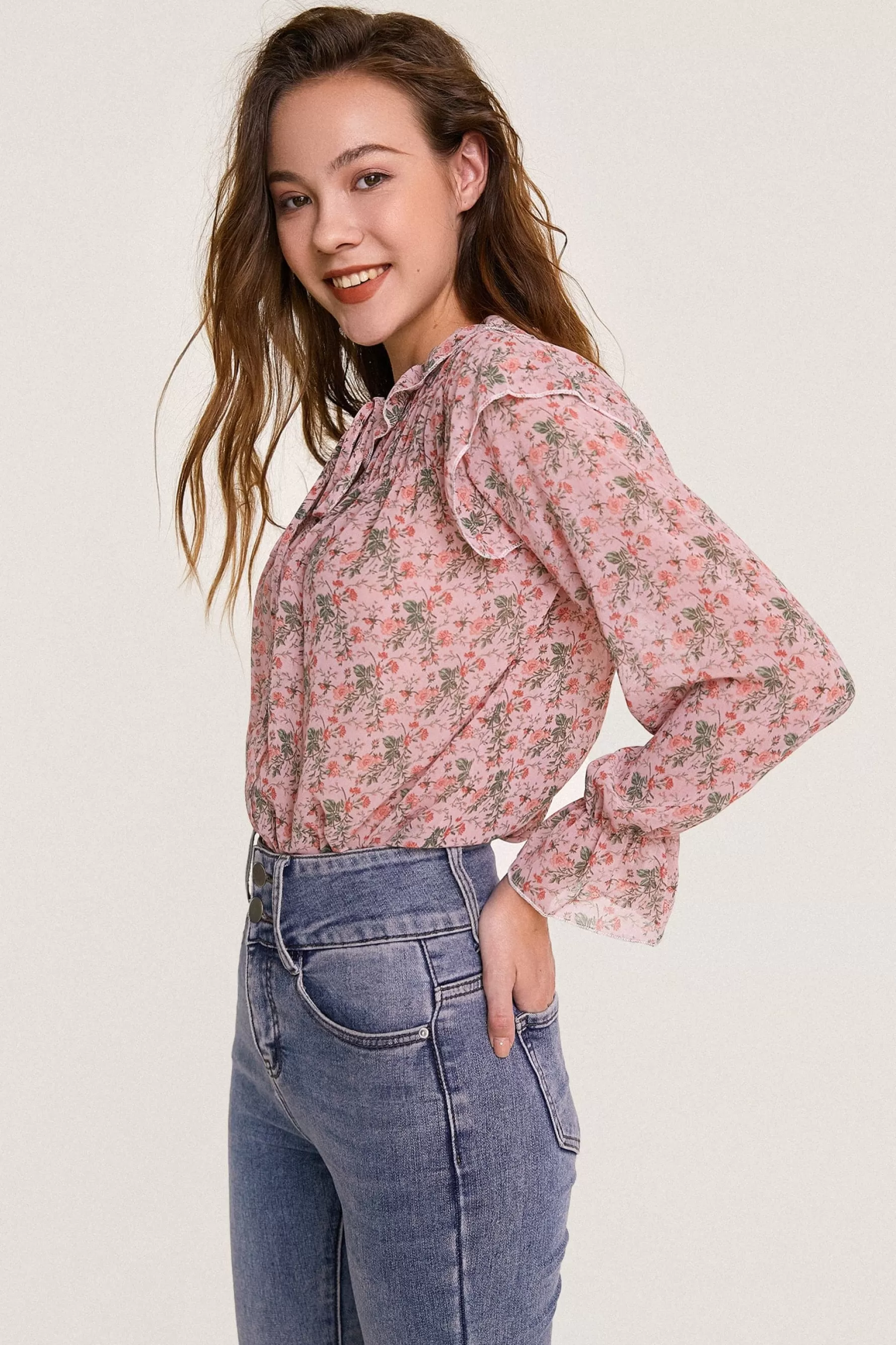 Jingus Floral Print Tie Detail Ruffled Chiffon Blouse-J.ING