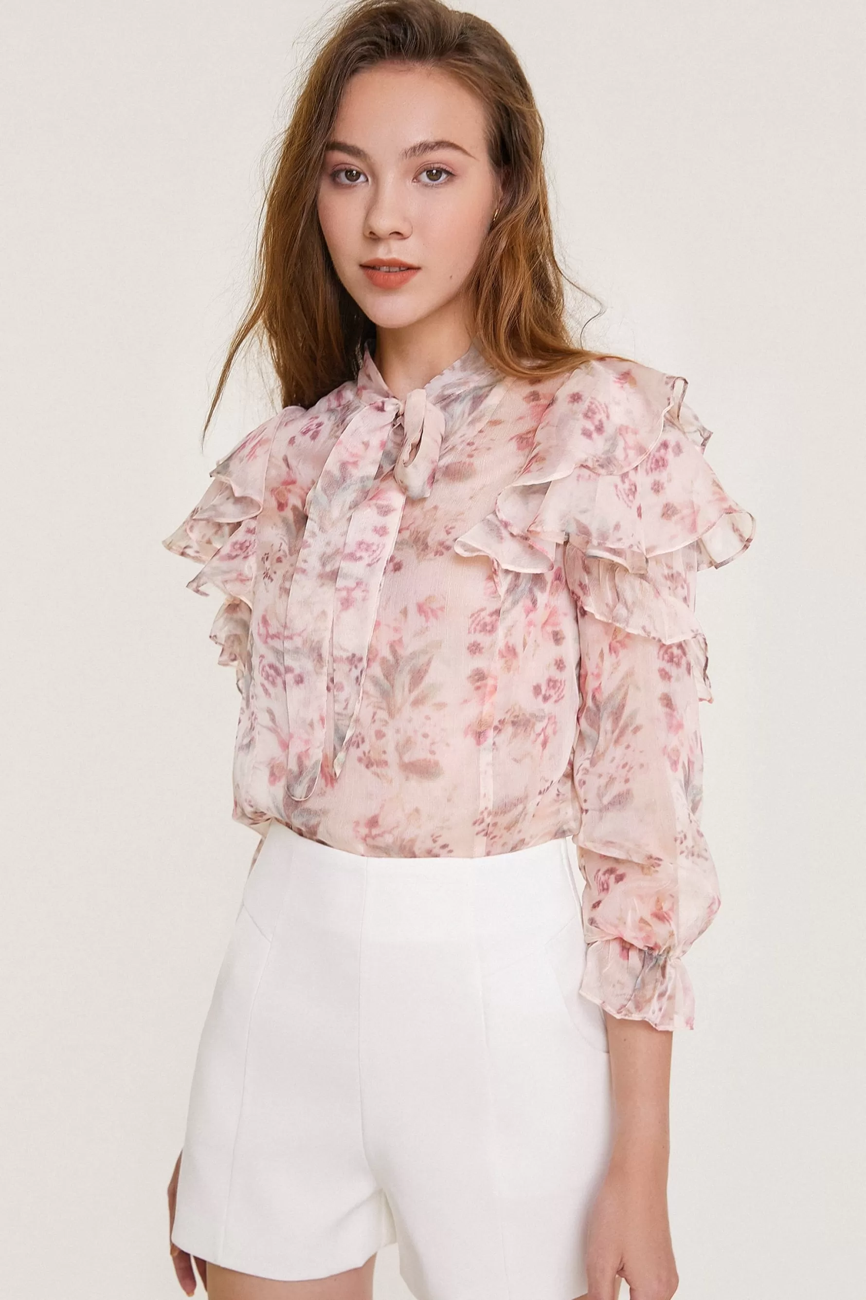 Jingus Floral Print Tie Neck Ruffled Chiffon Blouse-J.ING