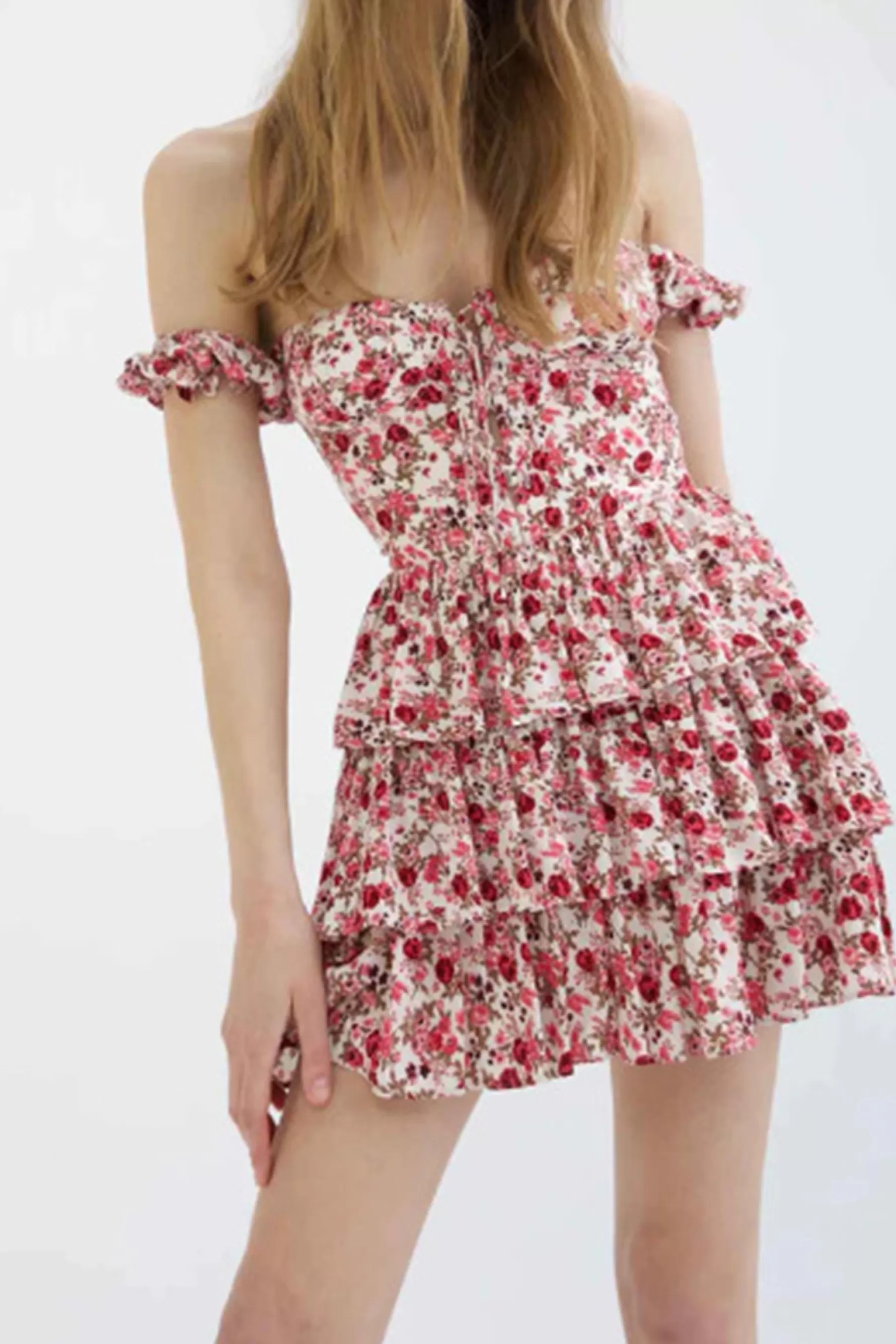 Jingus Floral Print Tiered Bustier Mini Dress-J.ING