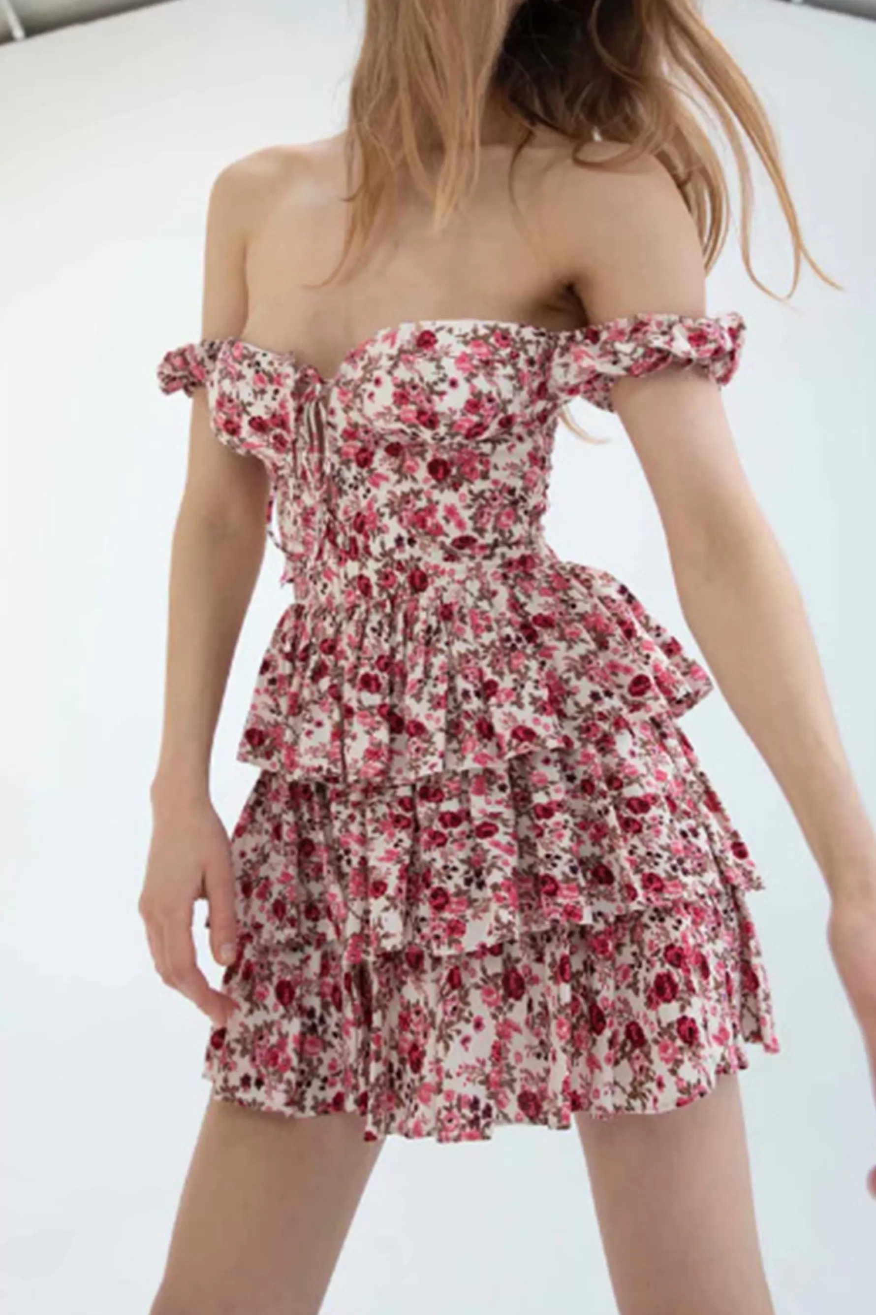 Jingus Floral Print Tiered Bustier Mini Dress-J.ING