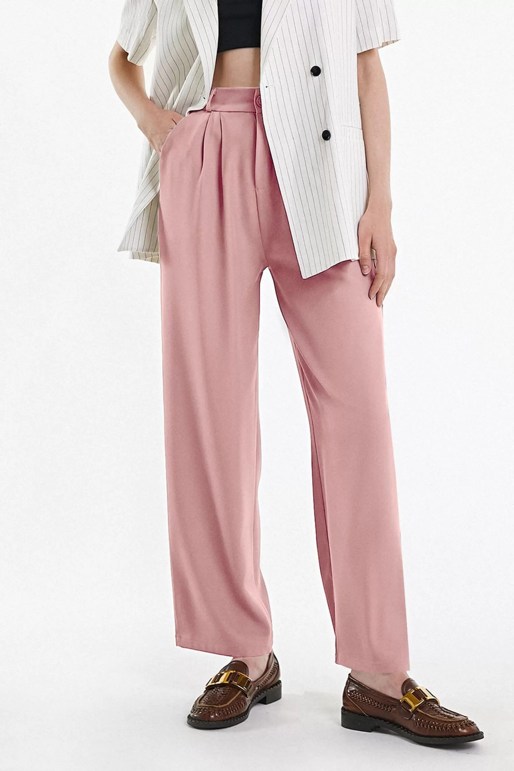 Jingus Half Elastic Pleat Detail Wide Leg Suit Pants-J.ING