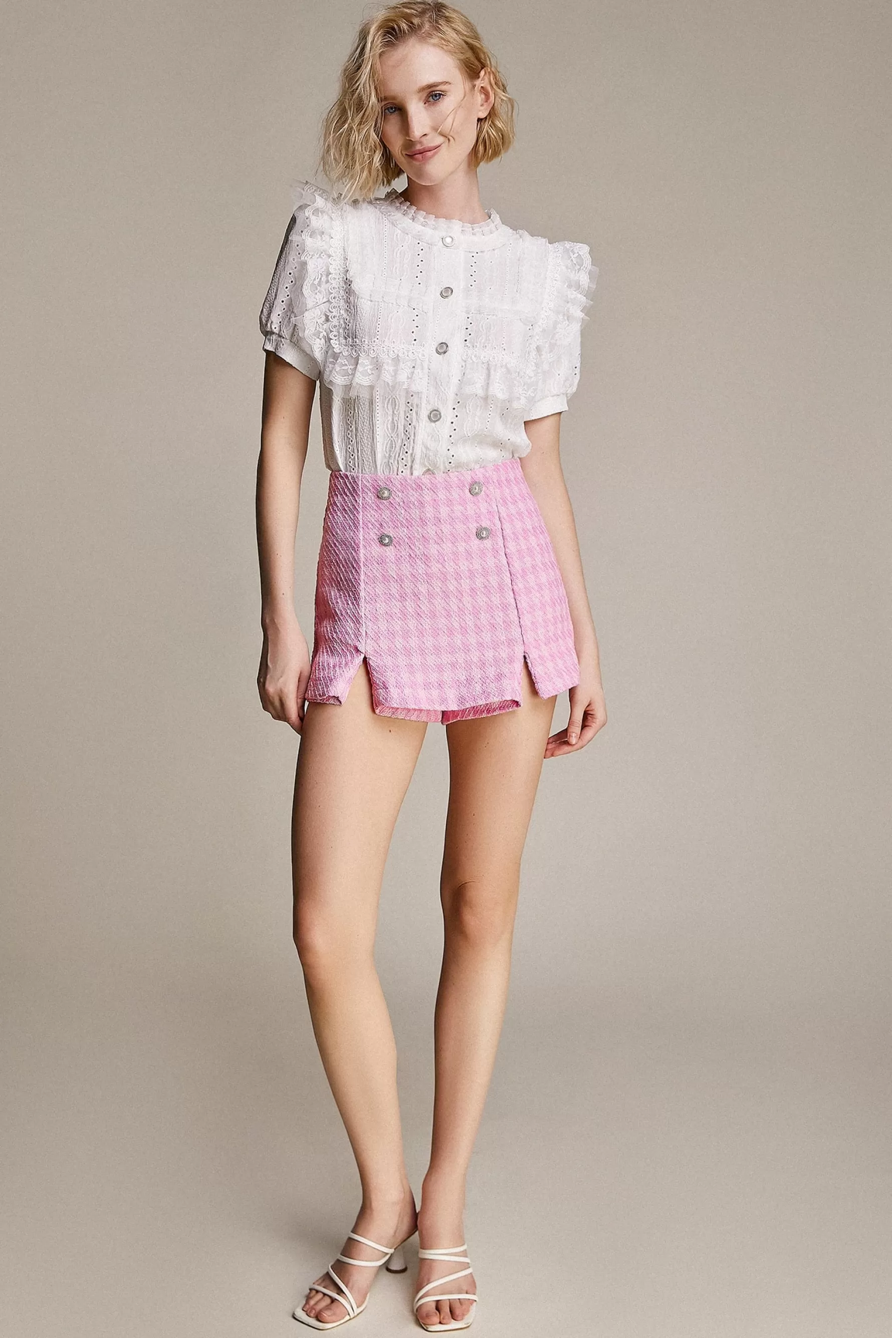 Jingus Houndstooth Button Detail Split Hem Mini Skirt-J.ING