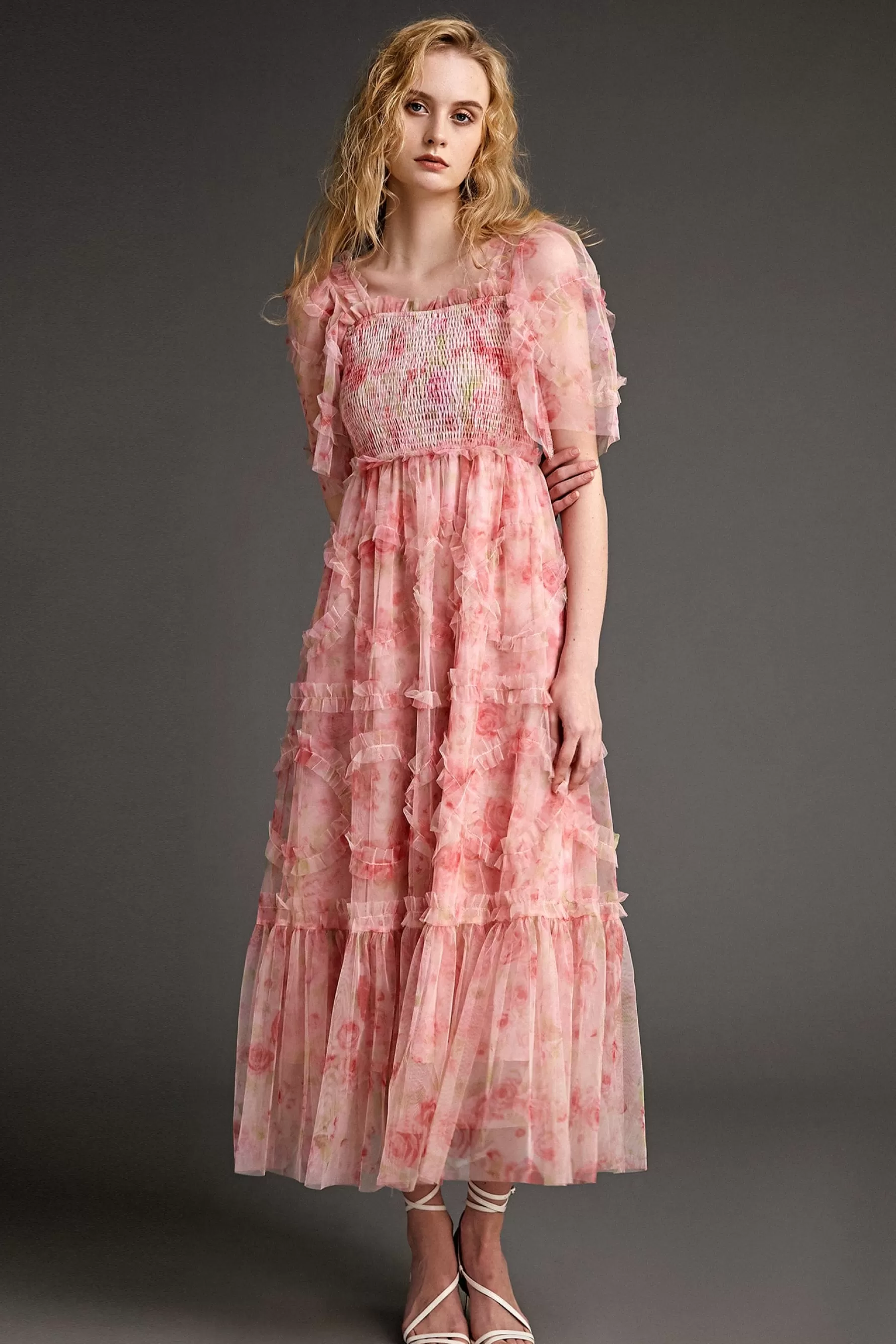 Jingus Ruffled Smocked Floral Print Mesh Maxi Dress-J.ING