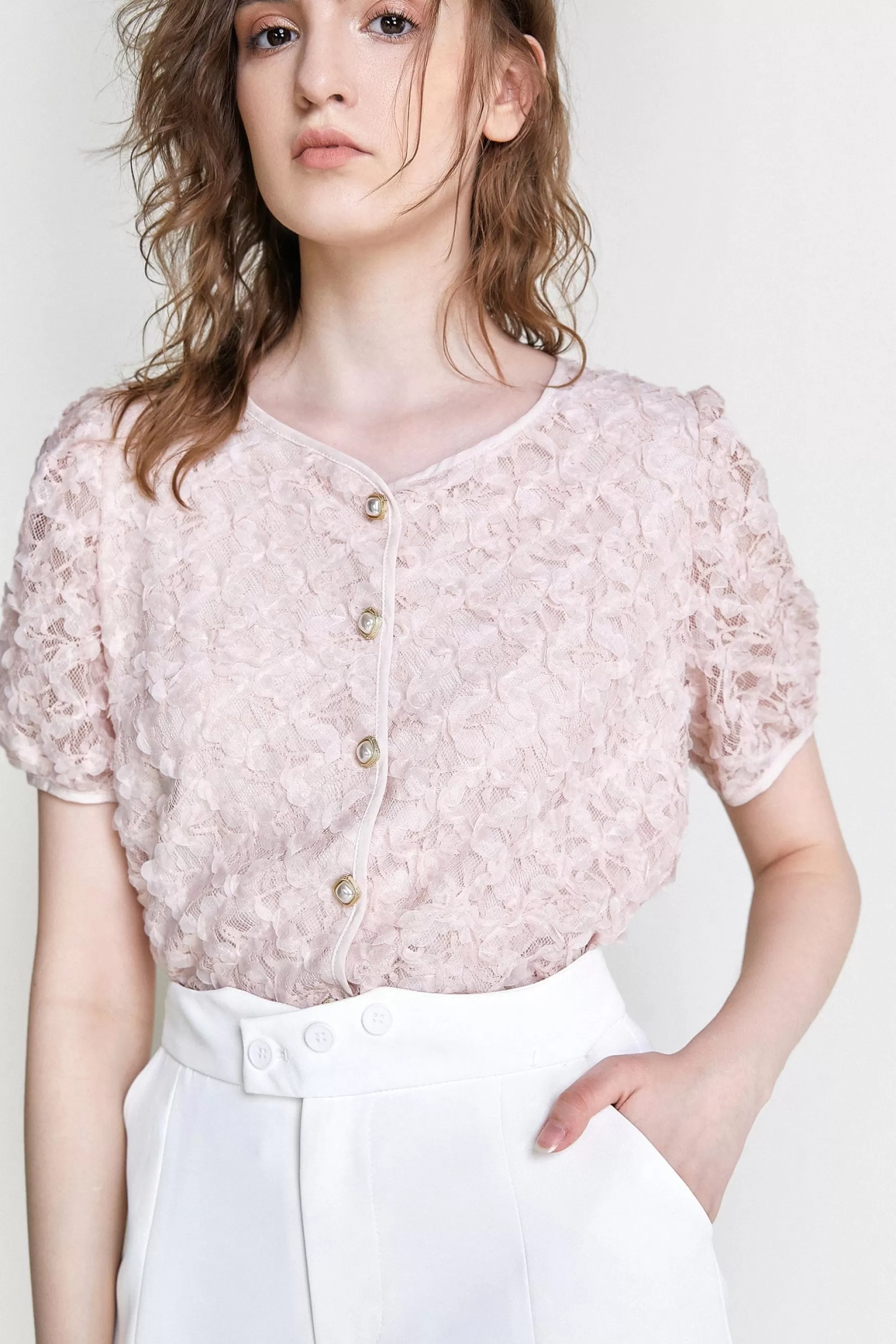 Jingus Textured Floral Button Front Blouse-J.ING