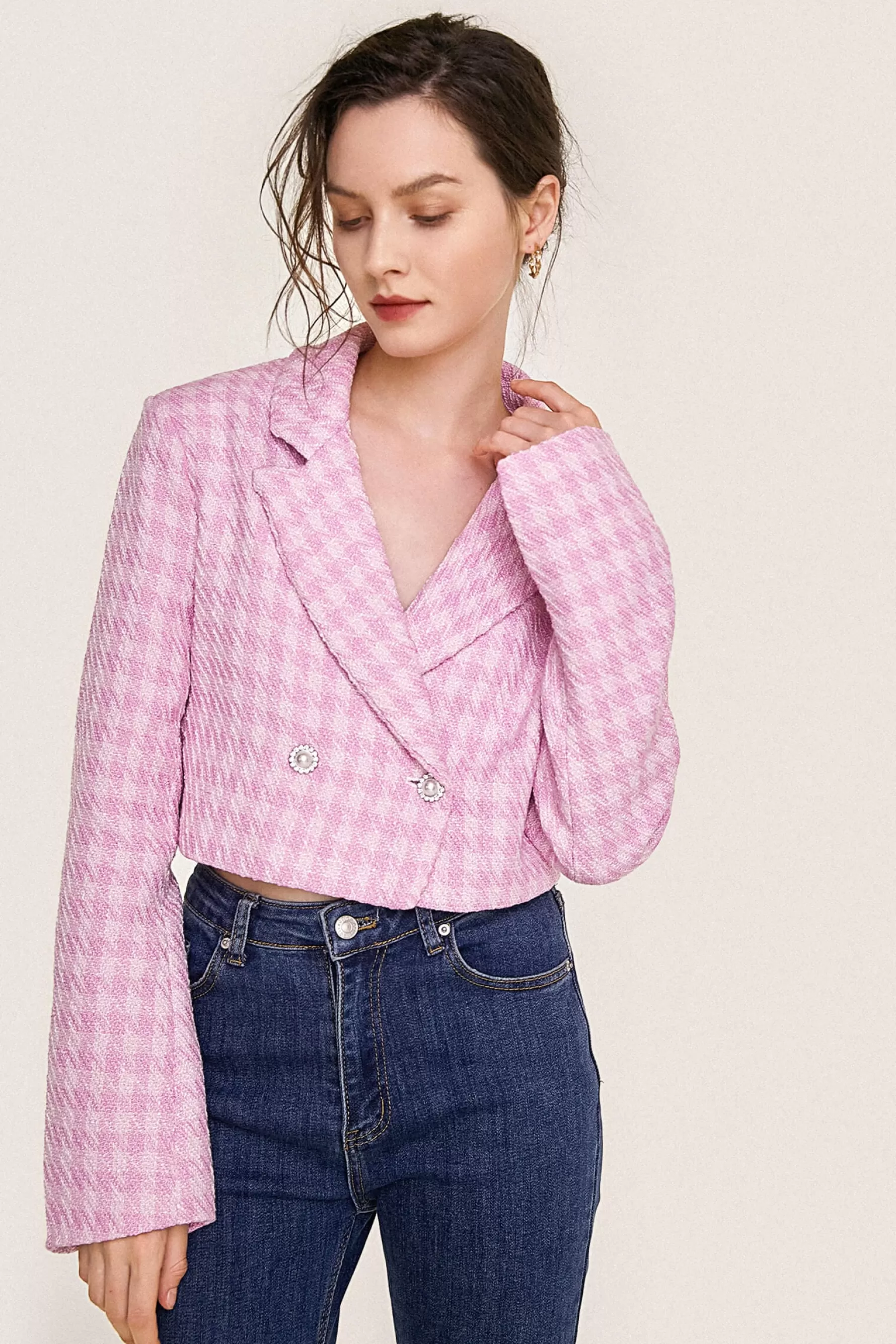 Jingus Textured Houndstooth Double-Breasted Cropped Blazer-J.ING