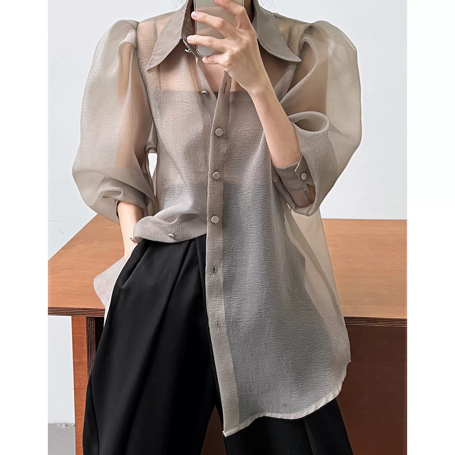 Jingus Puff Sleeve Long Sleeve Shirt Grey-J.ING