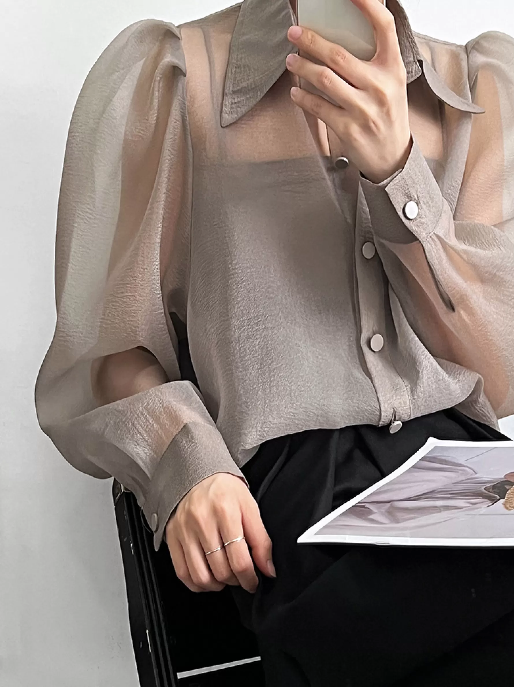 Jingus Puff Sleeve Long Sleeve Shirt Grey-J.ING